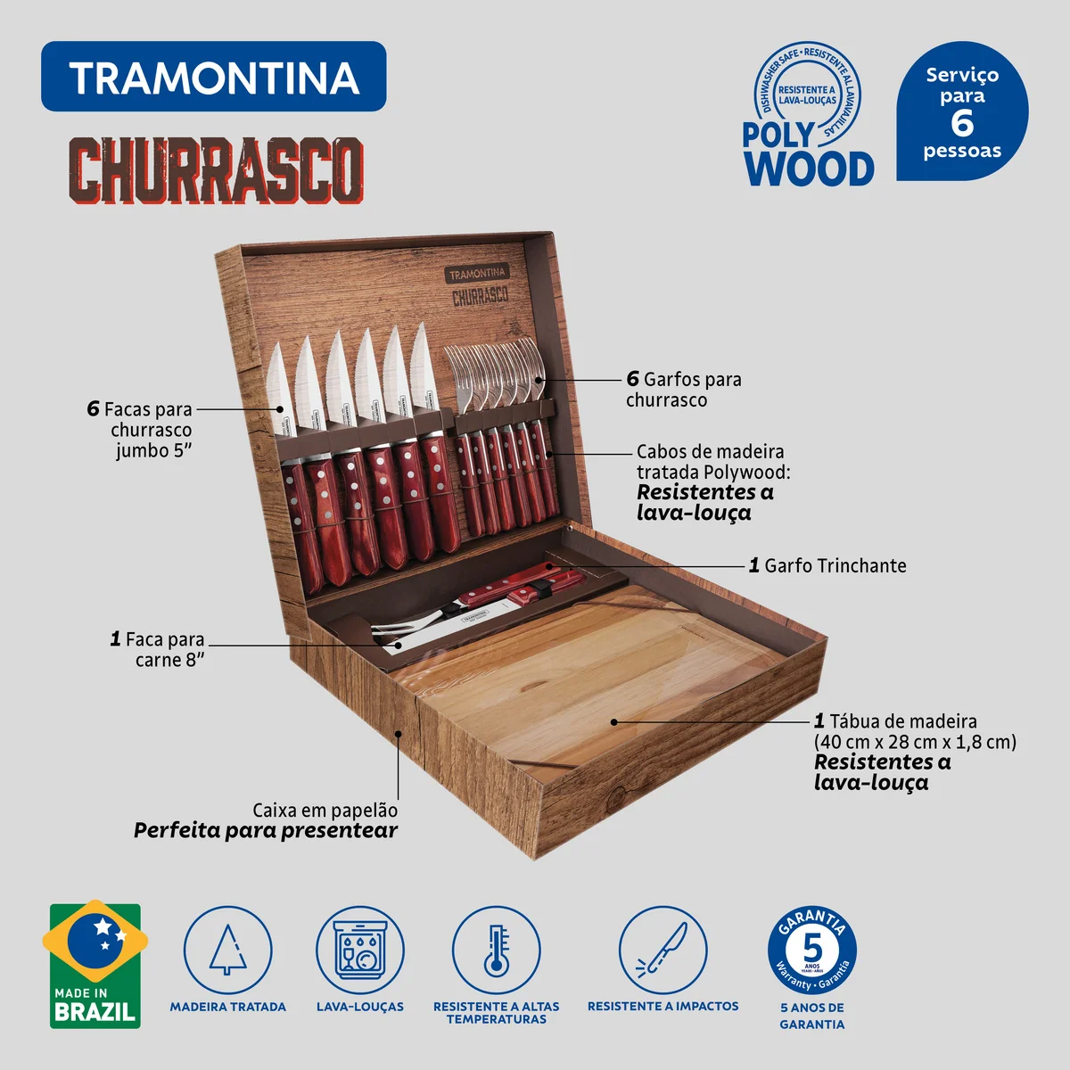 Kit para Churrasco Tramontina com Lâminas em Aço Inox e Cabos em Madeira Polywood Vermelho com Caixa de Papelão 15 Peças