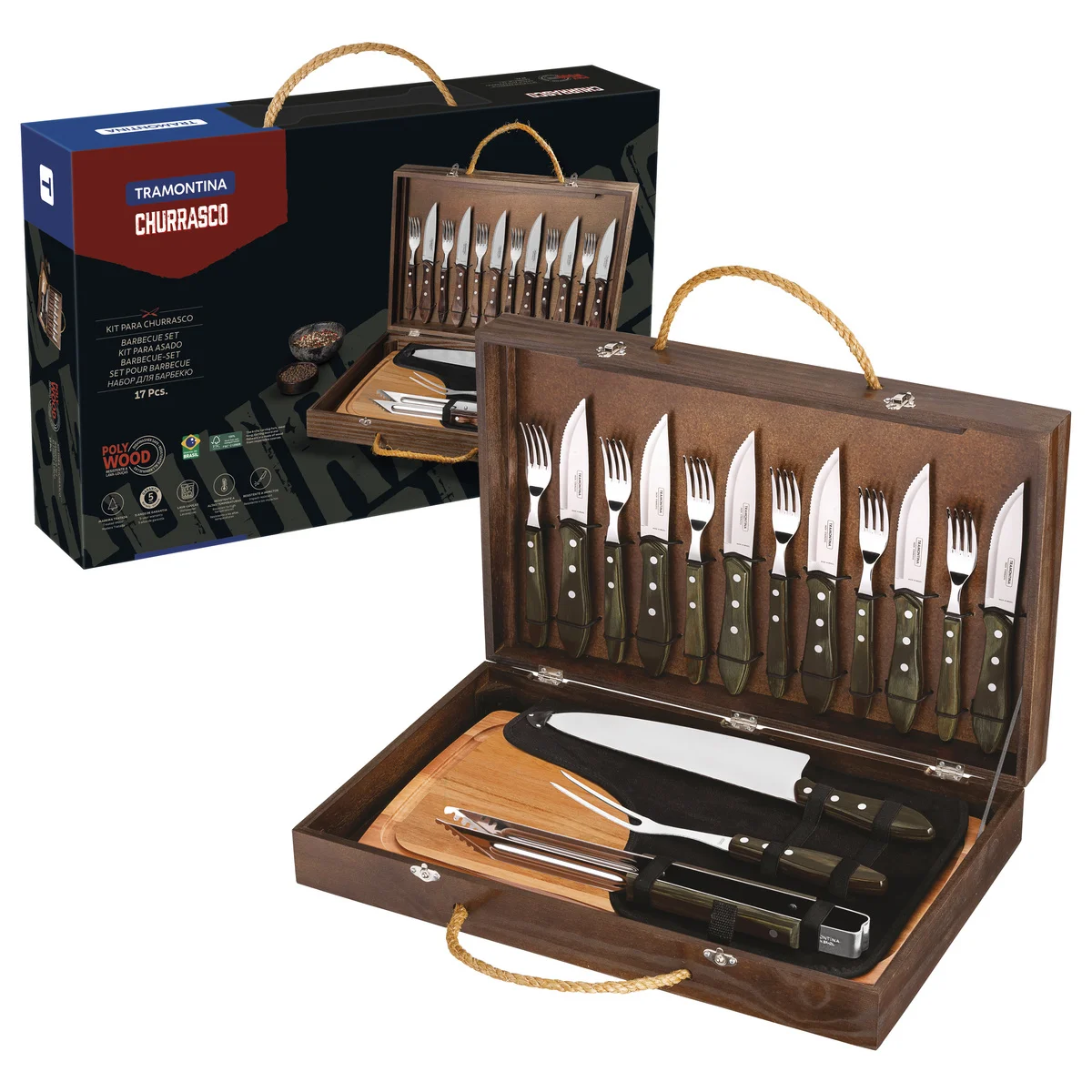 Kit para Churrasco Tramontina com Talheres Jumbo em Aço Inox Cabo Castanho Polywood com Tábua e Estojo de Madeira 17 Peças