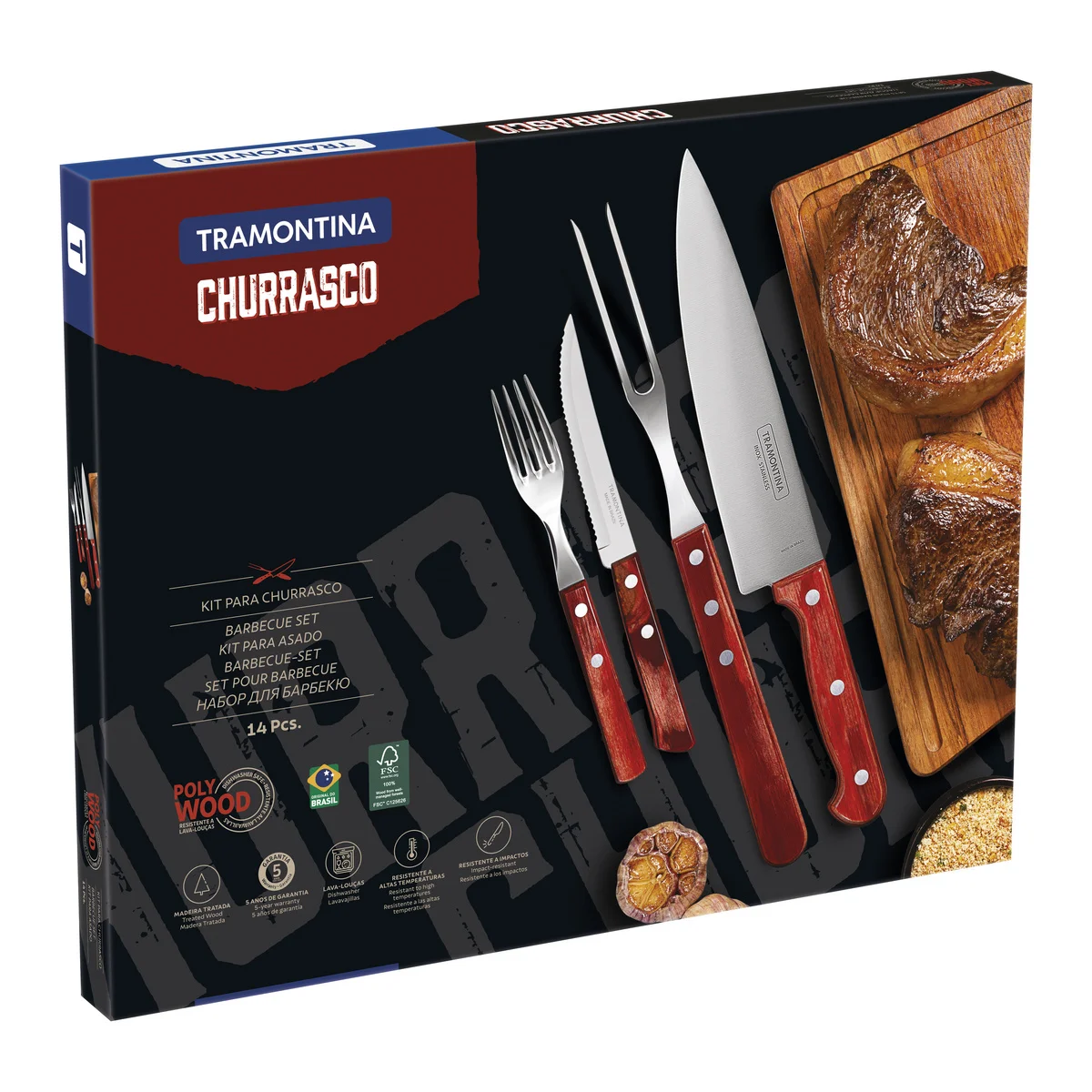 Kit para Churrasco Tramontina em Aço Inox com Cabo Vermelho Polywood 14 Peças