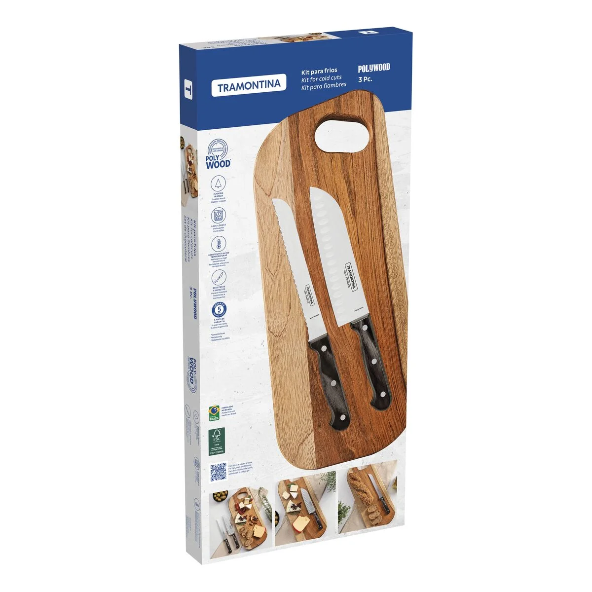 Kit para Frios Tramontina Polywood com Lâminas de Aço Inox e Cabos de Madeira Tratada Polywood Vermelho 3 Peças