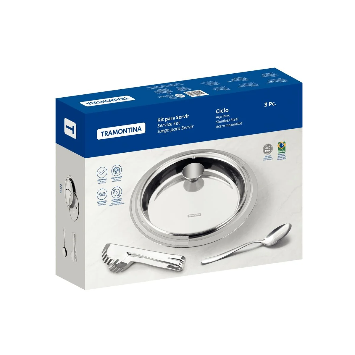 Kit para Servir Tramontina Ciclo Redondo em Aço Inox com Tampa de Vidro 3 Peças