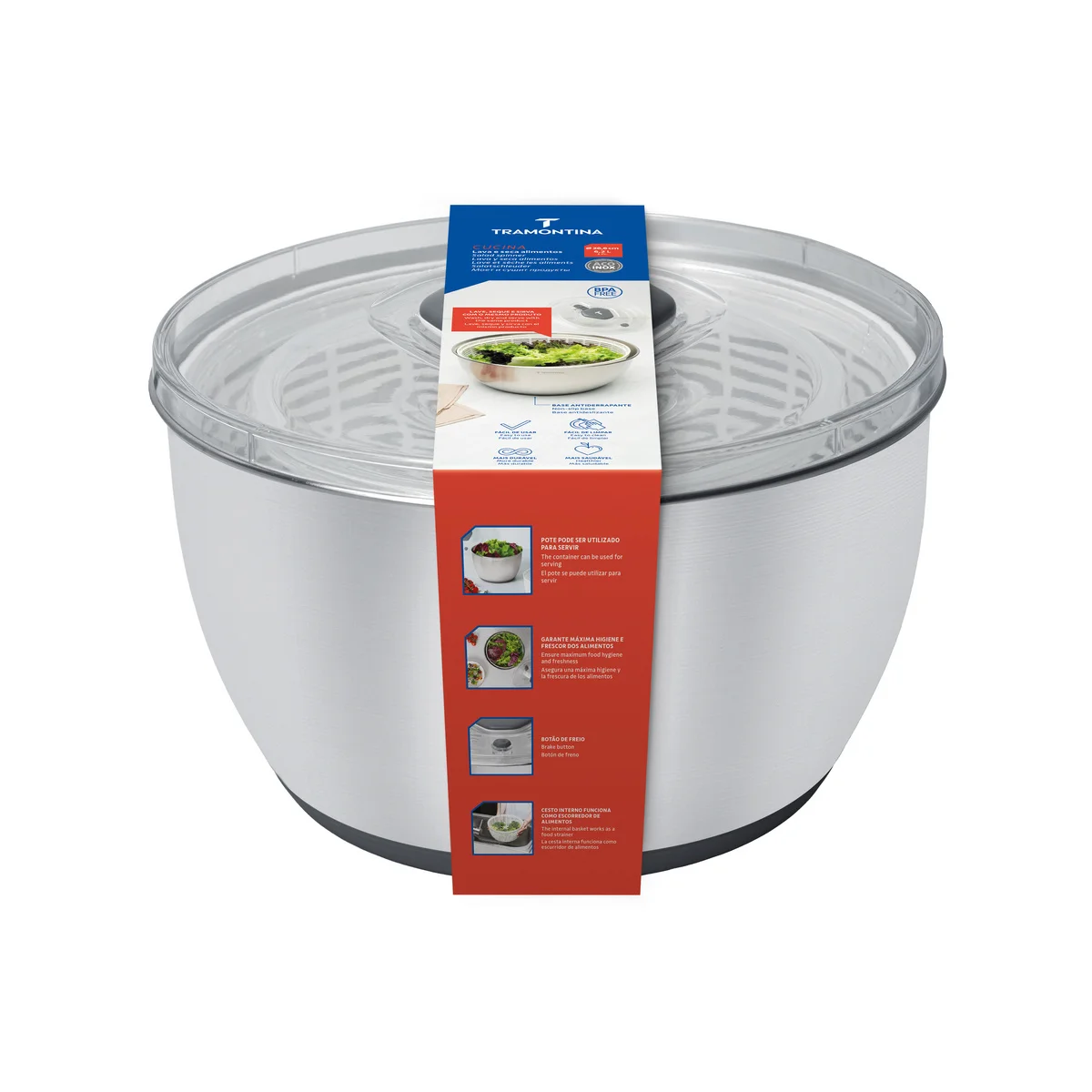 Lava e Seca Alimentos Tramontina em Aço Inox com Cesto Interno em Poliestireno e Base Antiderrapante 6,2 L