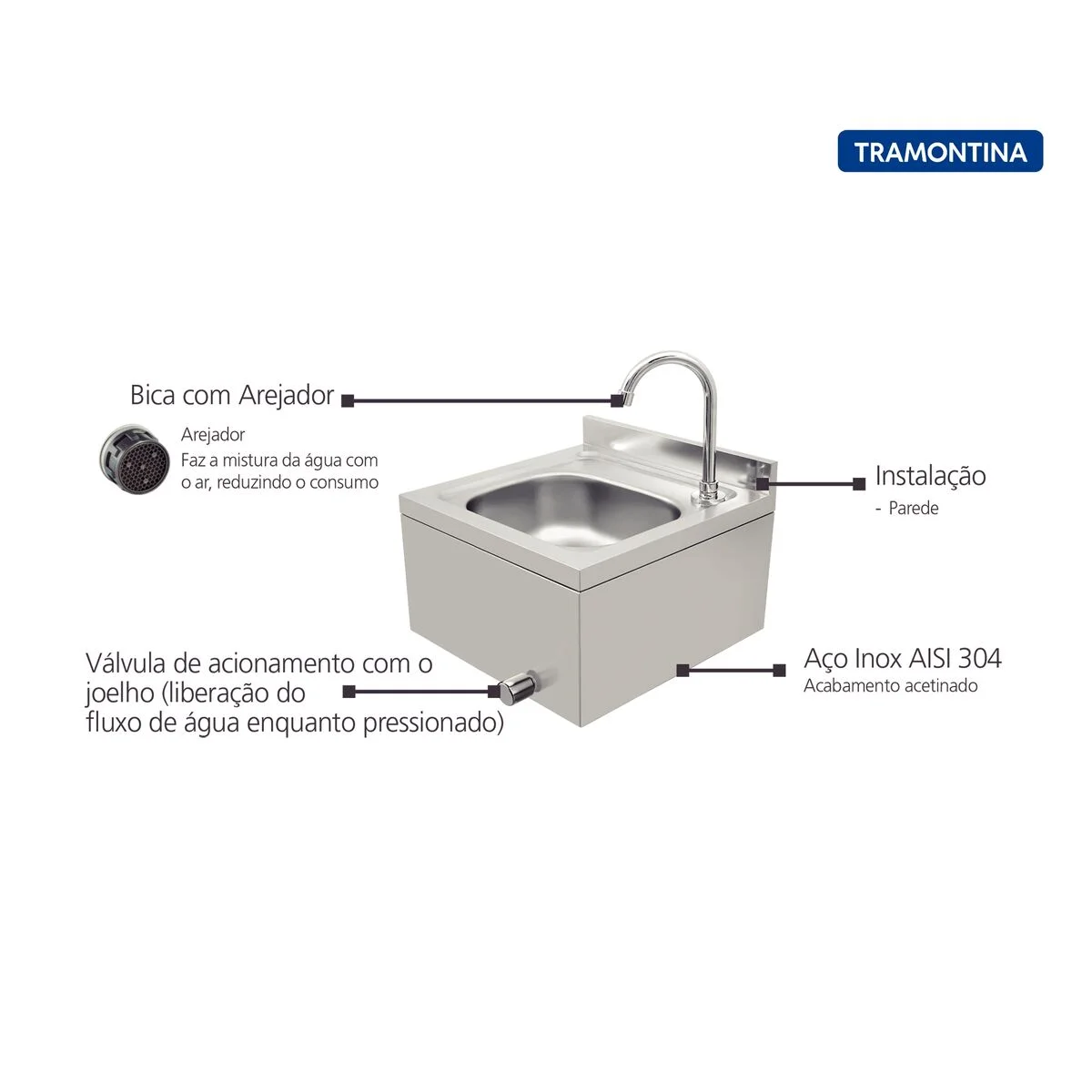 Lavatório Industrial de Parede Tramontina em Aço Inox com Bica e Válvula de acionamento com o joelho