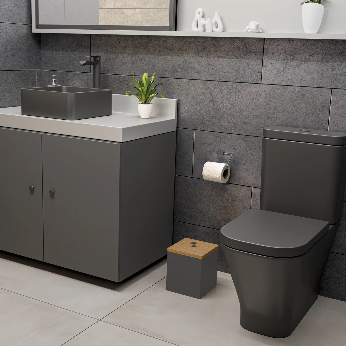 Lixeira Inox Luz Black Matte com Tampa de Bambu Tramontina com Acabamento Acetinado 4,5 L