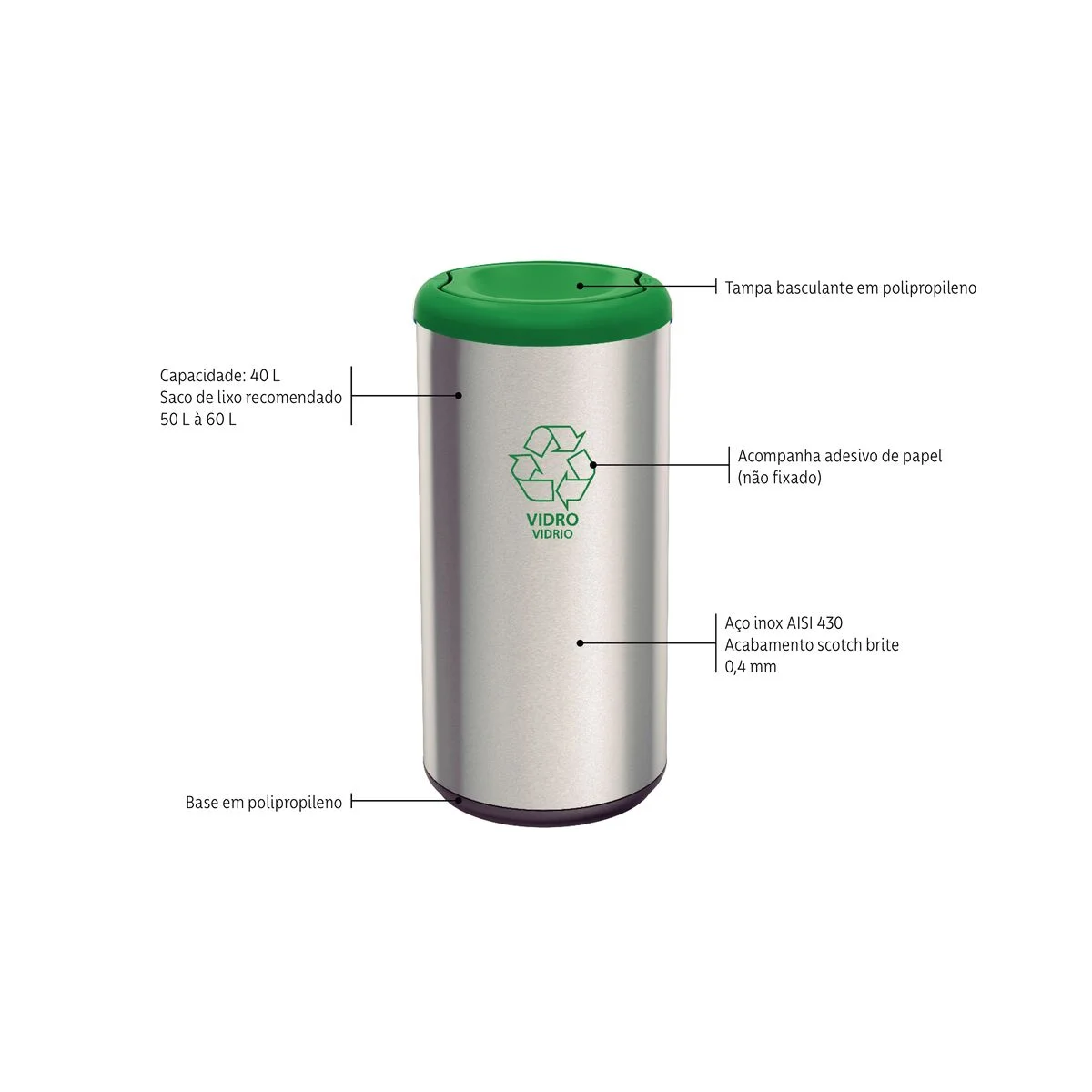 Lixeira Inox Tramontina Piemonte com Acabamento Acetinado e Tampa Basculante Verde em Polipropileno 40 L
