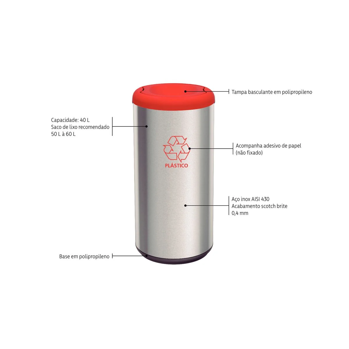Lixeira Inox Tramontina Piemonte com Acabamento Acetinado e Tampa Basculante Vermelha em Polipropileno 40 L
