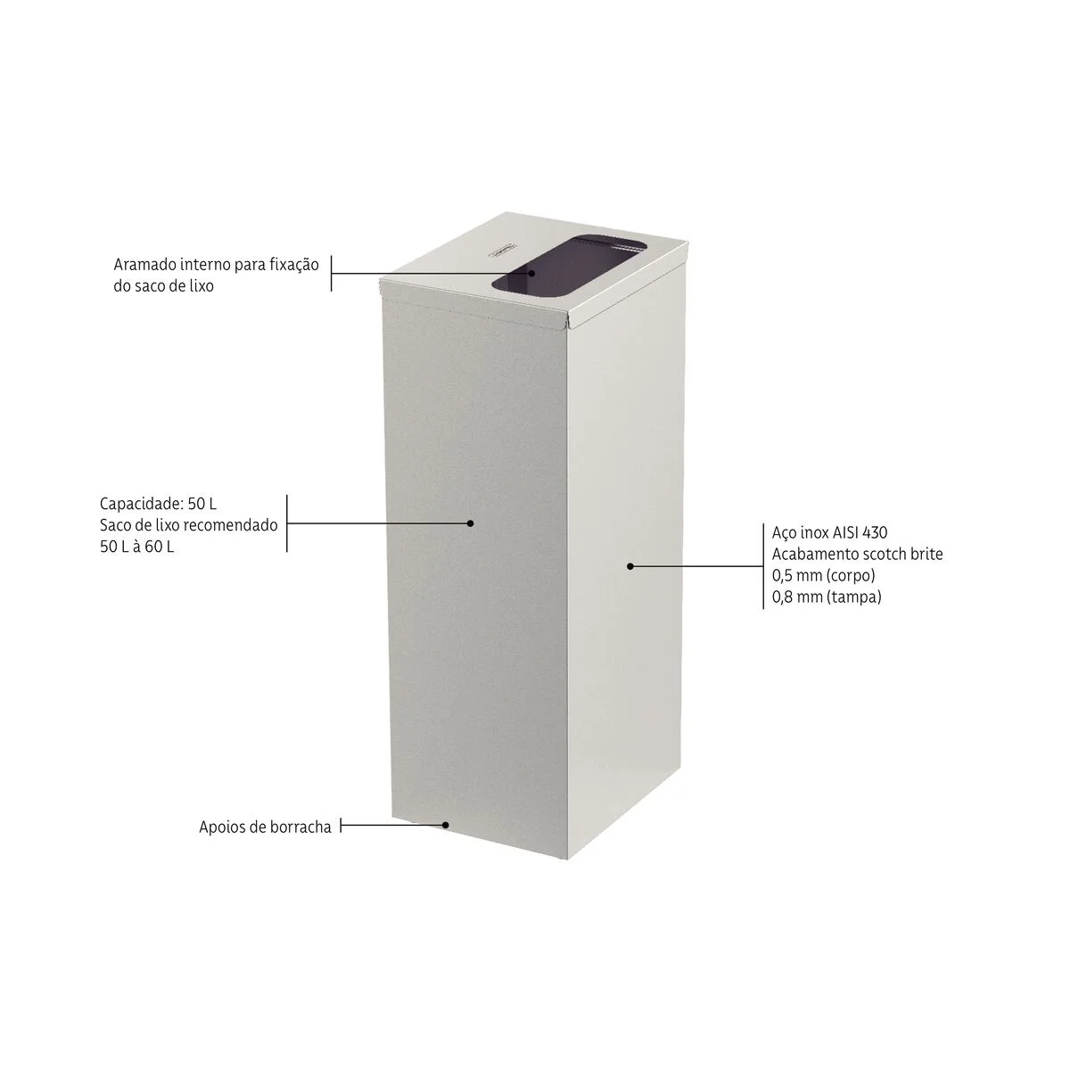 Lixeira Inox Tramontina Square com Acabamento Acetinado 50 L