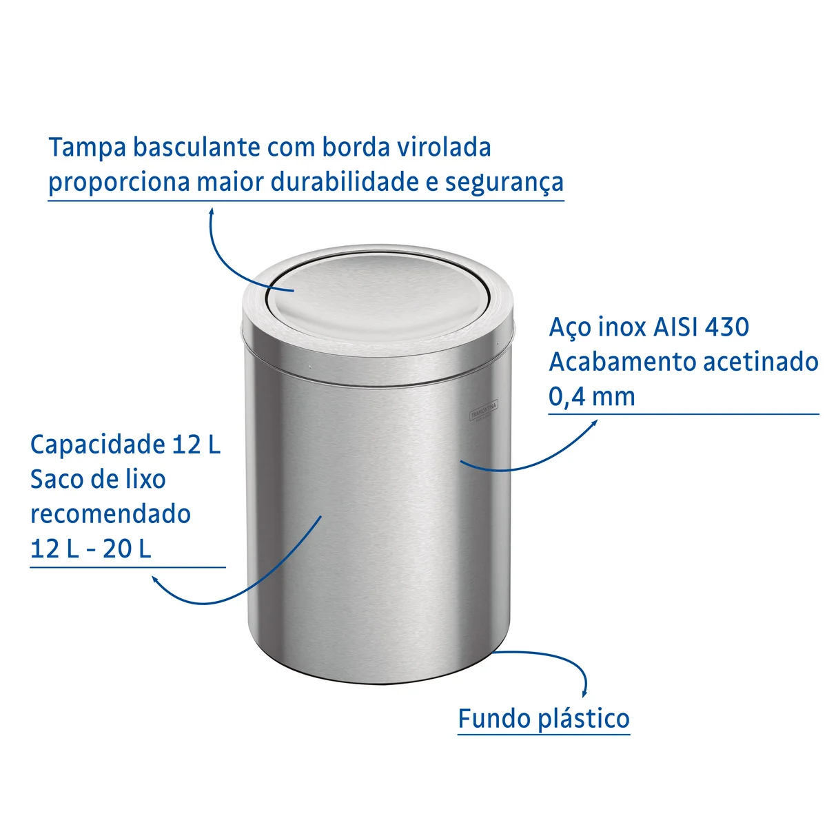 Lixeira Inox Tramontina Swing com Acabamento Acetinado e Tampa Basculante 12 L