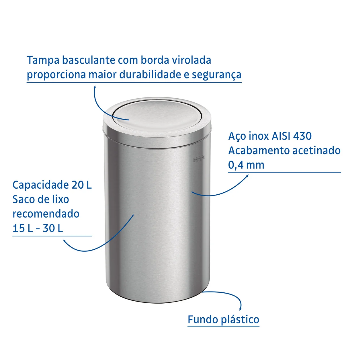 Lixeira Inox Tramontina Swing com Acabamento Acetinado e Tampa Basculante 20 L