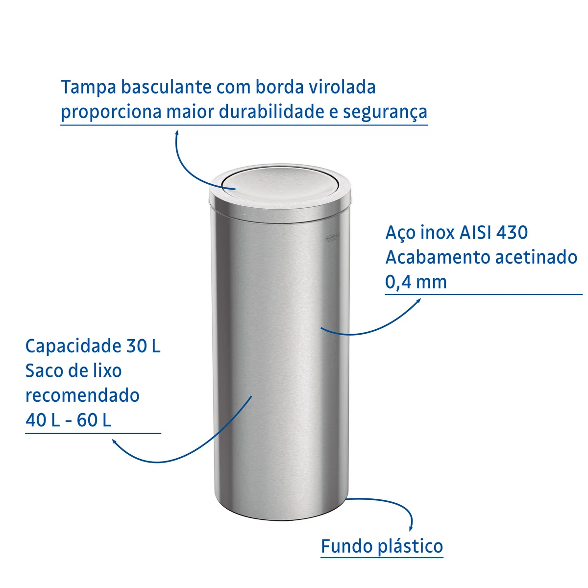 Lixeira Inox Tramontina Swing com Acabamento Acetinado e Tampa Basculante 30 L