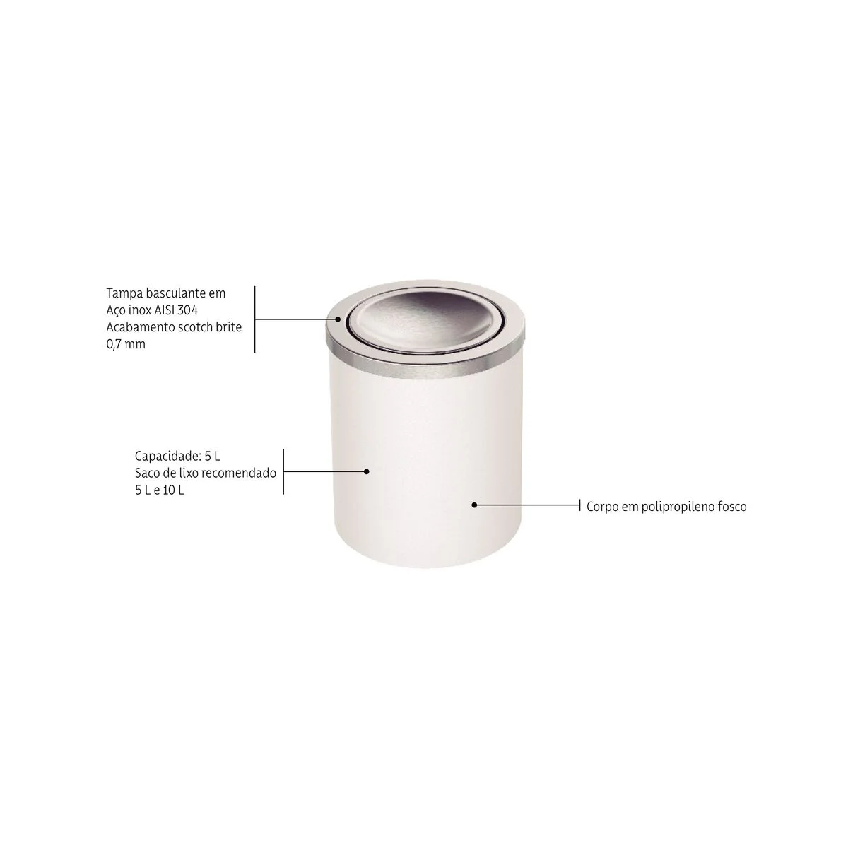 Lixeira Tramontina Útil Basculante em Aço Inox com Acabamento Acetinado e Corpo em Polipropileno Branco 5 L