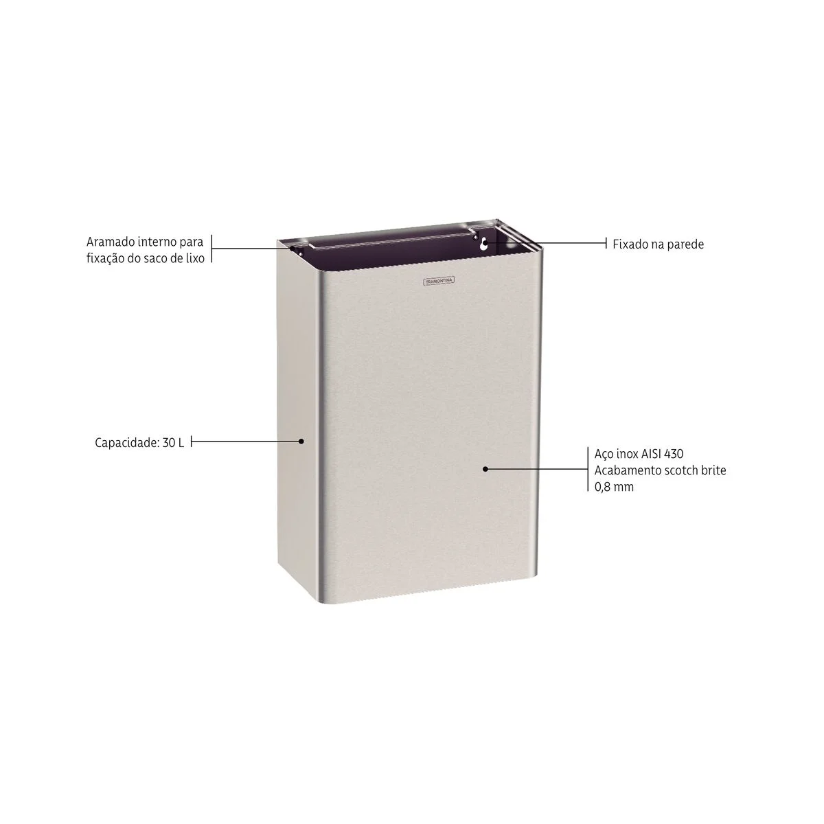 Lixeira Tramontina Wall 30 L em Aço Inox