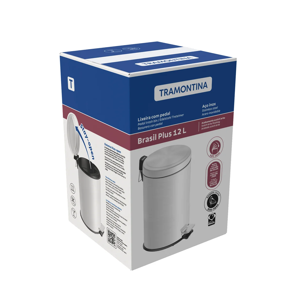 Lixeira com Pedal Tramontina Brasil Plus em Aço Inox com Acabamento Acetinado e Balde Interno 12 L