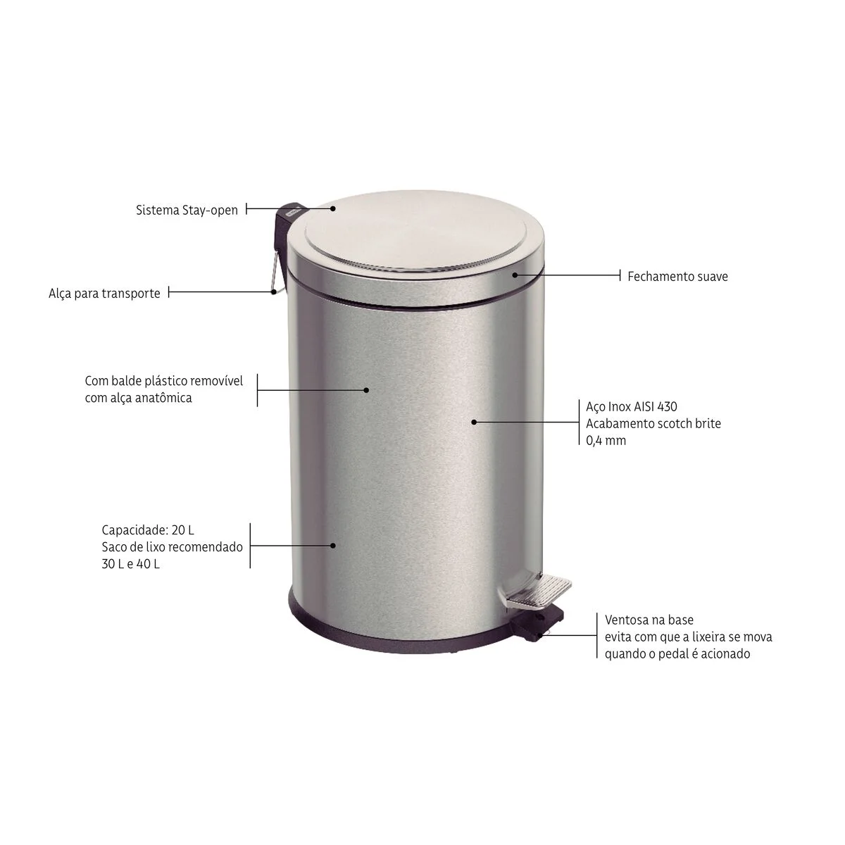 Lixeira com Pedal Tramontina Brasil Plus em Aço Inox com Acabamento Acetinado e Balde Interno 20 L