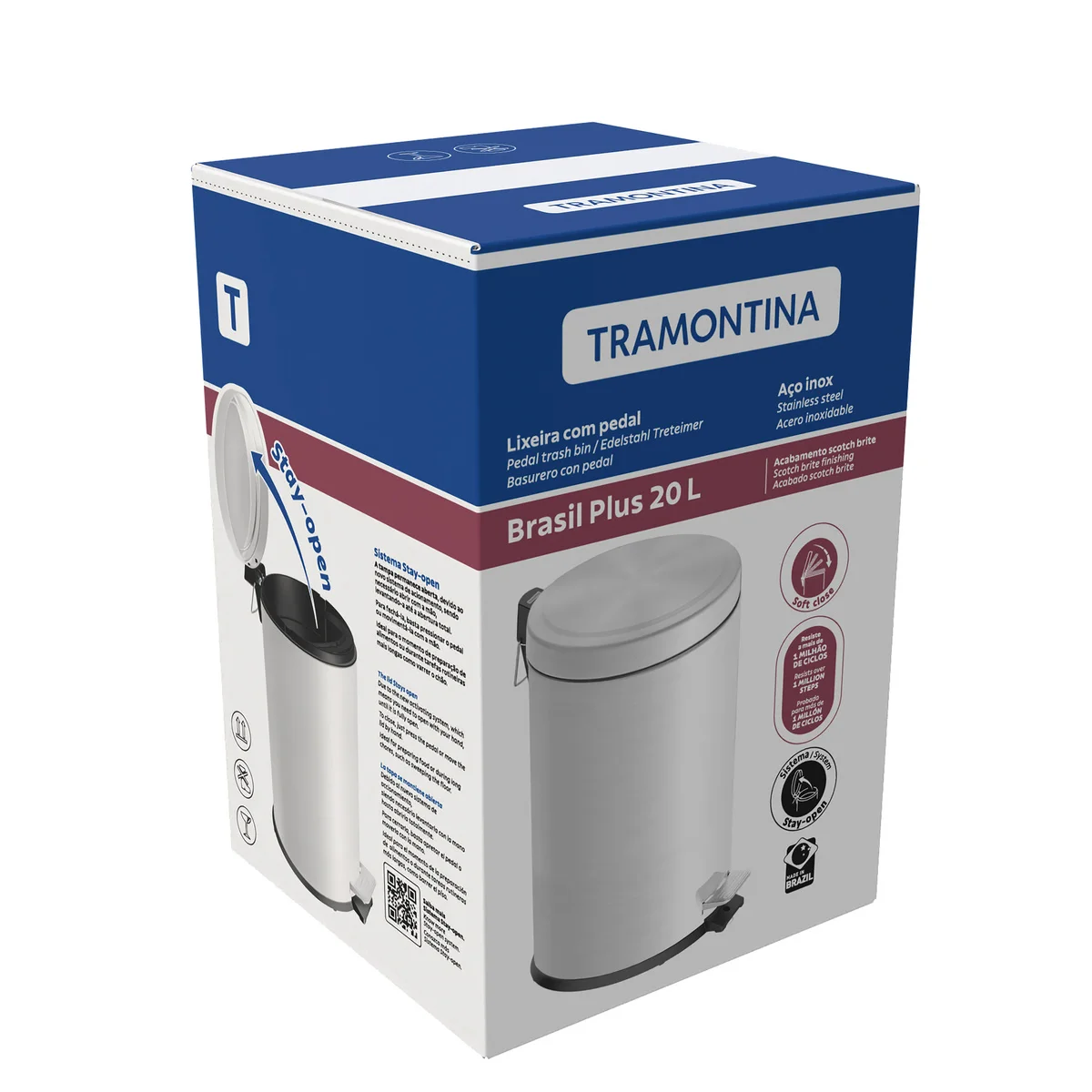 Lixeira com Pedal Tramontina Brasil Plus em Aço Inox com Acabamento Acetinado e Balde Interno 20 L