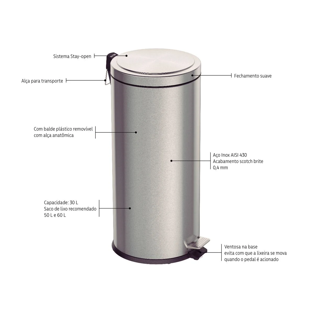 Lixeira com Pedal Tramontina Brasil Plus em Aço Inox com Acabamento Acetinado e Balde Interno 30 L