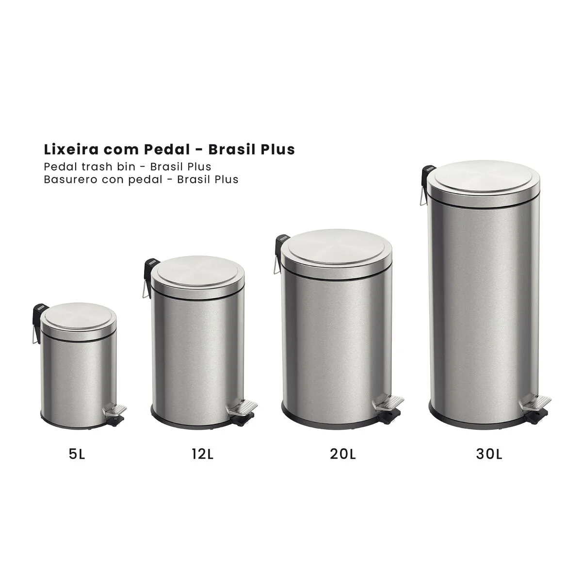 Lixeira com Pedal Tramontina Brasil Plus em Aço Inox com Acabamento Acetinado e Balde Interno 30 L