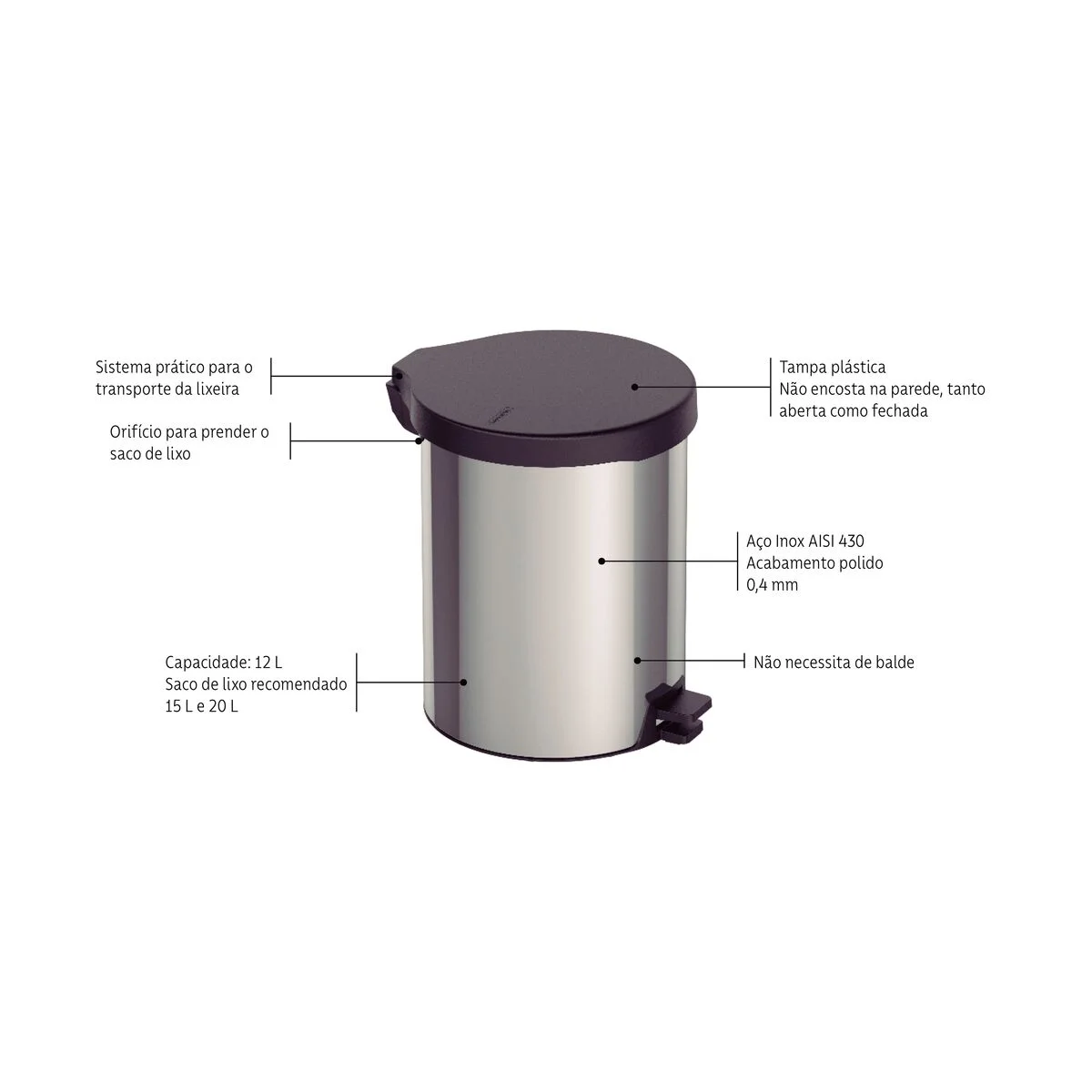 Lixeira com Pedal Tramontina New em Aço Inox com Acabamento Polido 12 L