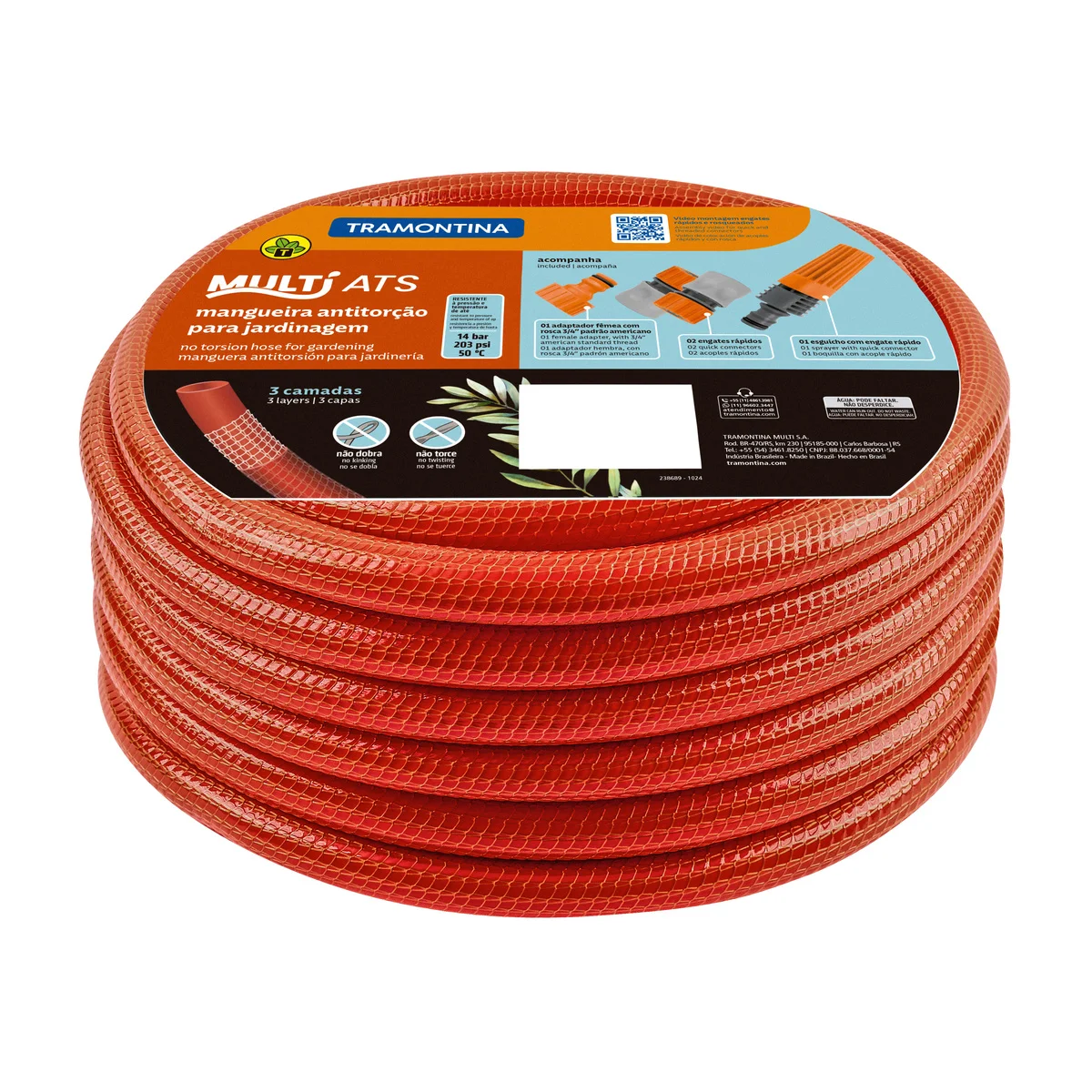 Mangueira Antitorção Multi ATS 1/2" Tramontina para Jardim em PVC 3 Camadas 15 m com Engates Rápidos e Esguicho