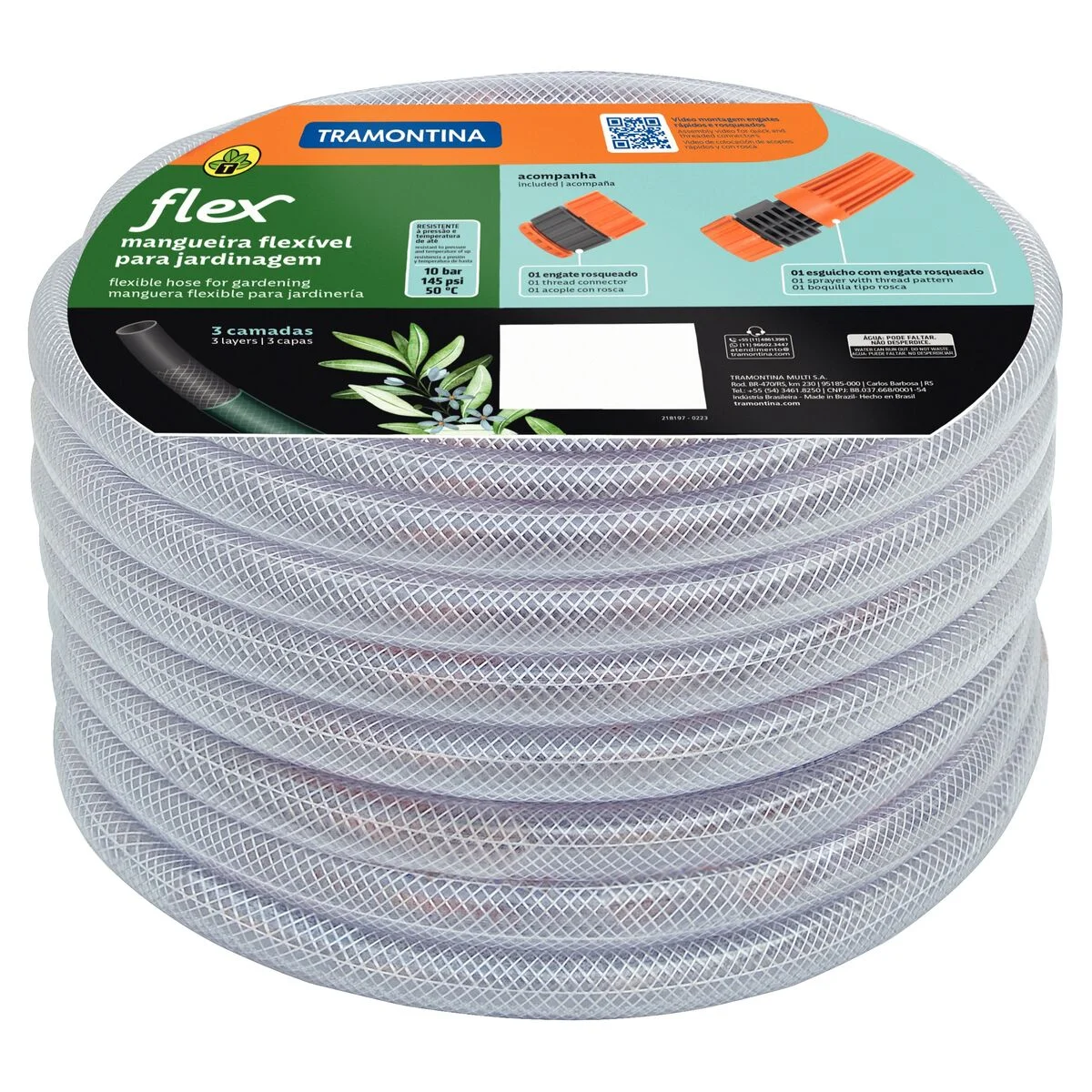 Mangueira Flex para Jardim Tramontina Transparente em PVC 3 Camadas 30 m com Engate Rosqueado e Esguicho