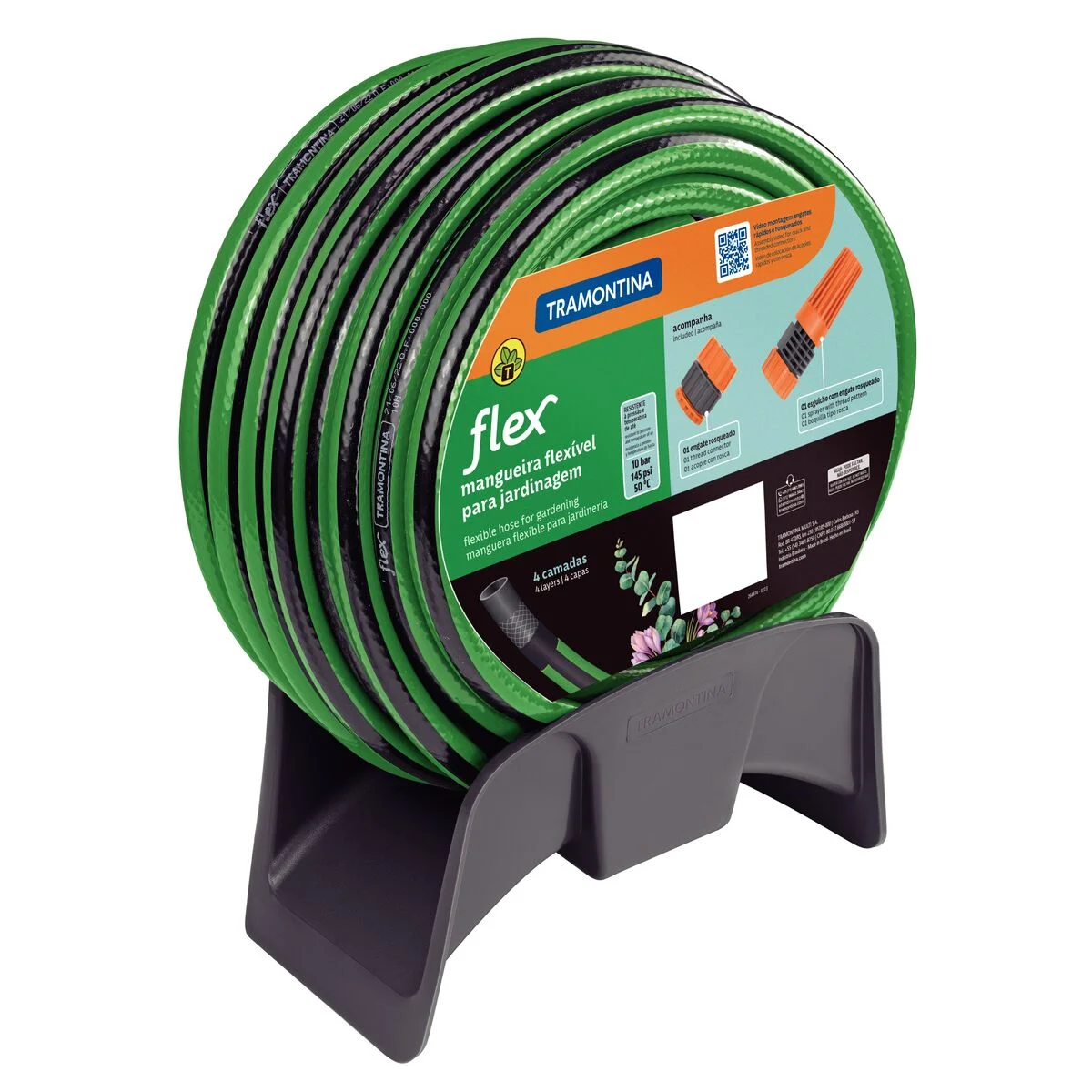 Mangueira Flex para Jardim Tramontina Verde com Faixa Preta em PVC 4 Camadas 20 m com Engate Rosqueado, Esguicho e Suporte