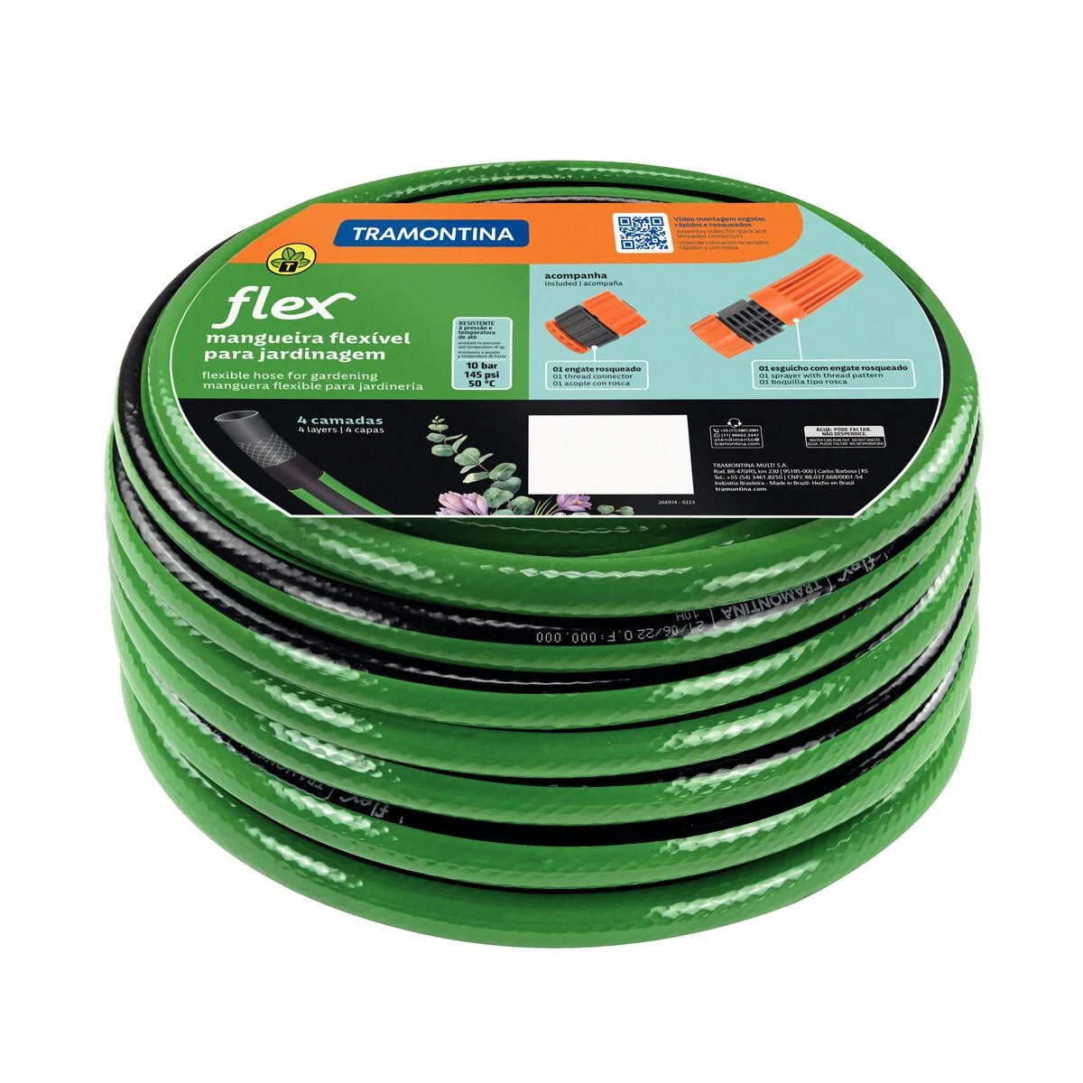 Mangueira Flex para Jardim Tramontina Verde com Faixa Preta em PVC 4 Camadas 25 m com Engate Rosqueado e Esguicho