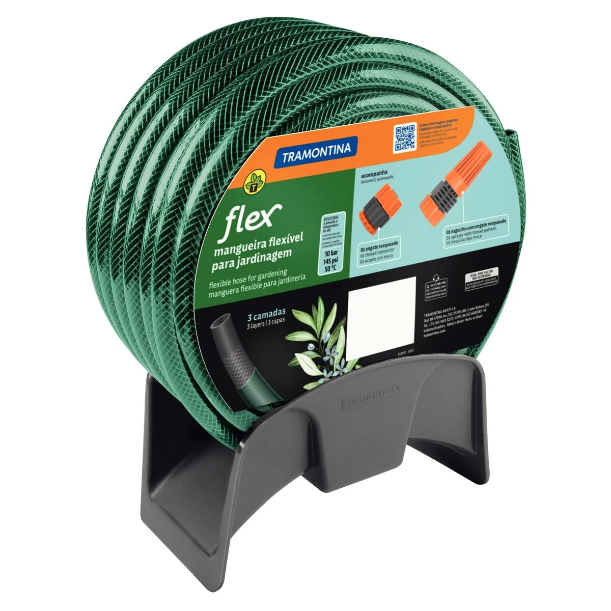 Mangueira Flex para Jardim Tramontina Verde em PVC 3 Camadas 25 m com Engate Rosqueado, Esguicho e Suporte