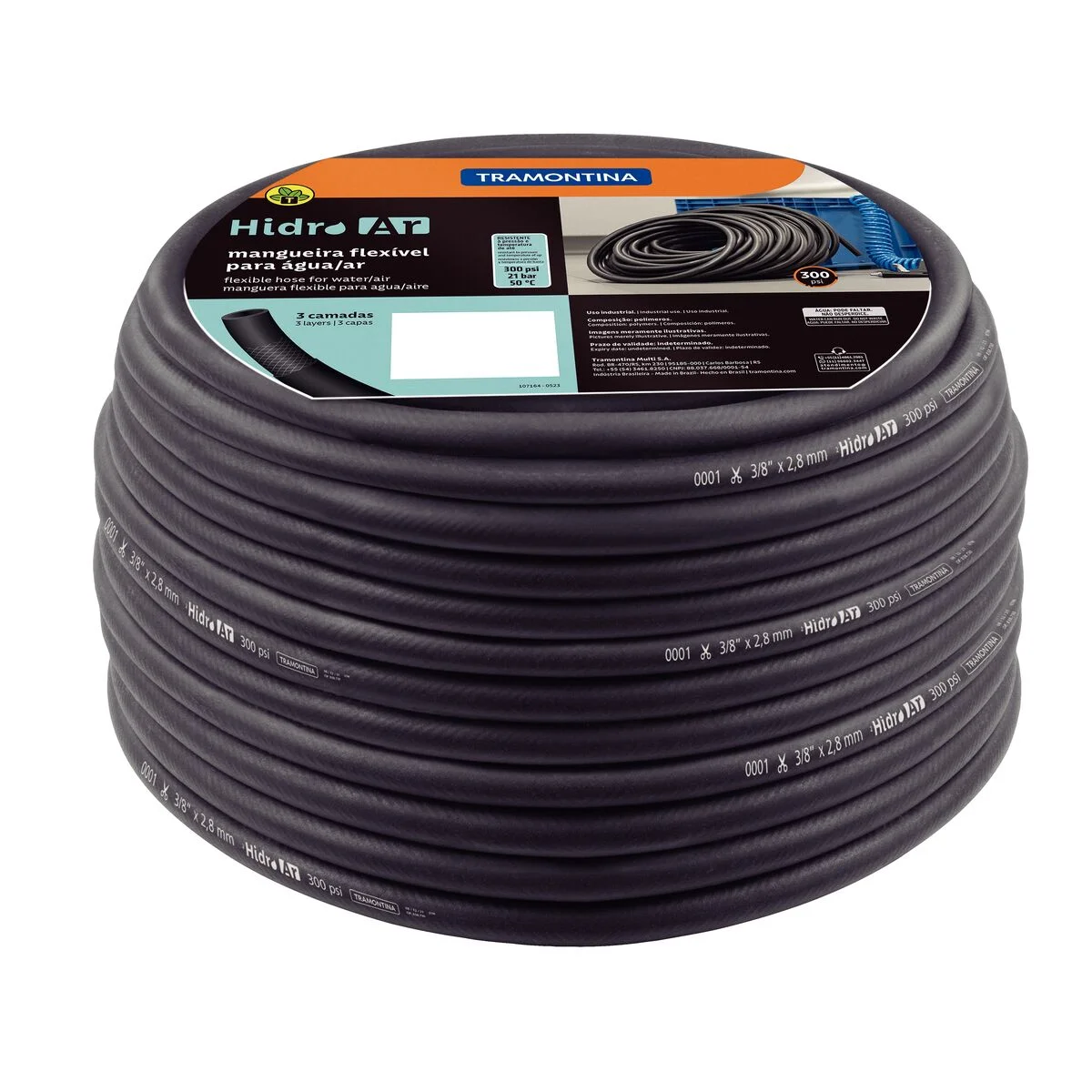 Mangueira Hidro Ar 300 psi Tramontina para Água/Ar em PVC Flexível 3/8" x 2,8 mm 3 Camadas 50 m