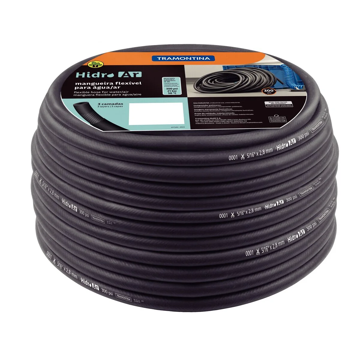 Mangueira Hidro Ar 300 psi Tramontina para Água/Ar em PVC Flexível 5/16" x 2,8 mm 3 Camadas 50 m