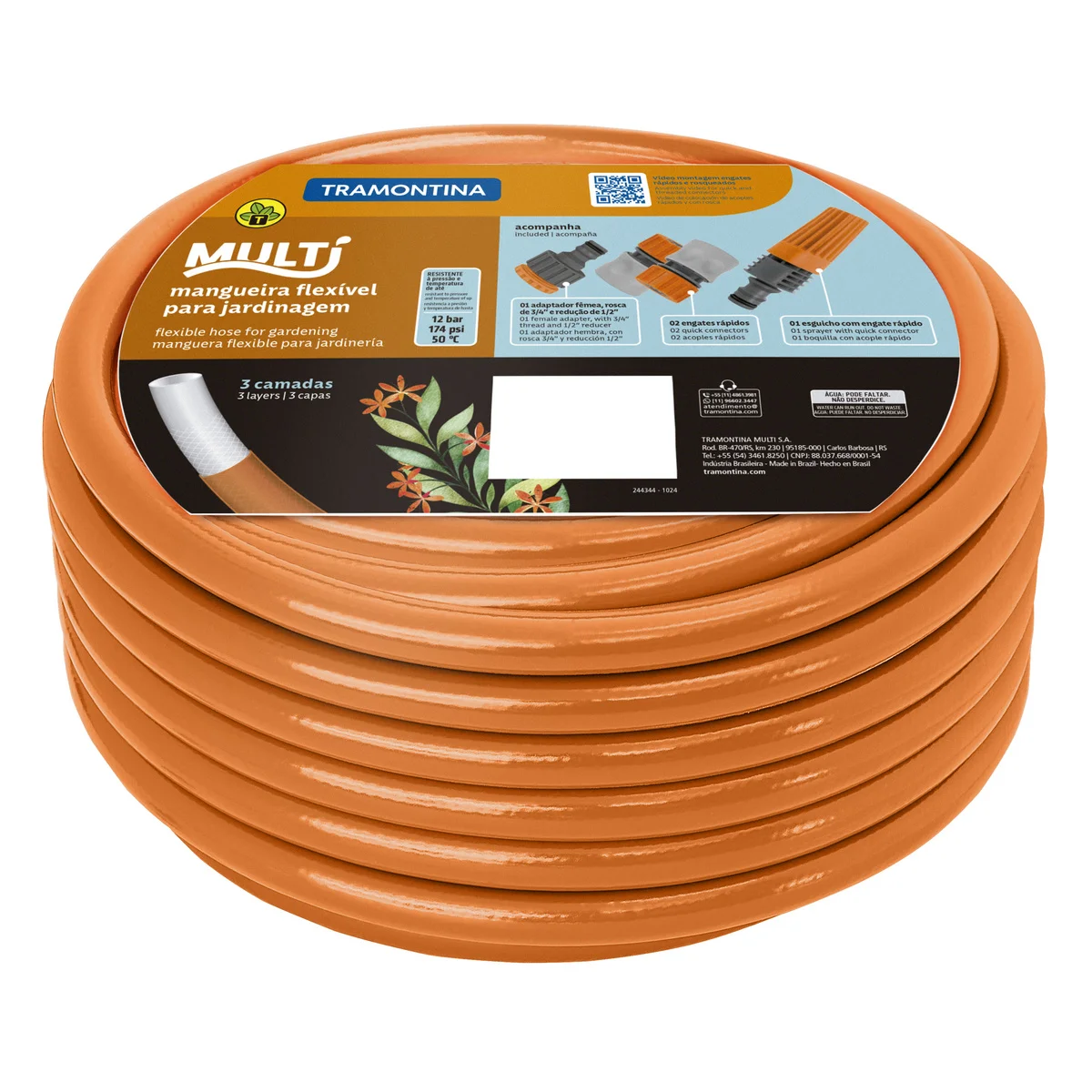 Mangueira Multi 1/2" Tramontina Laranja em PVC 3 Camadas 15 m com Engates Rápidos e Esguicho