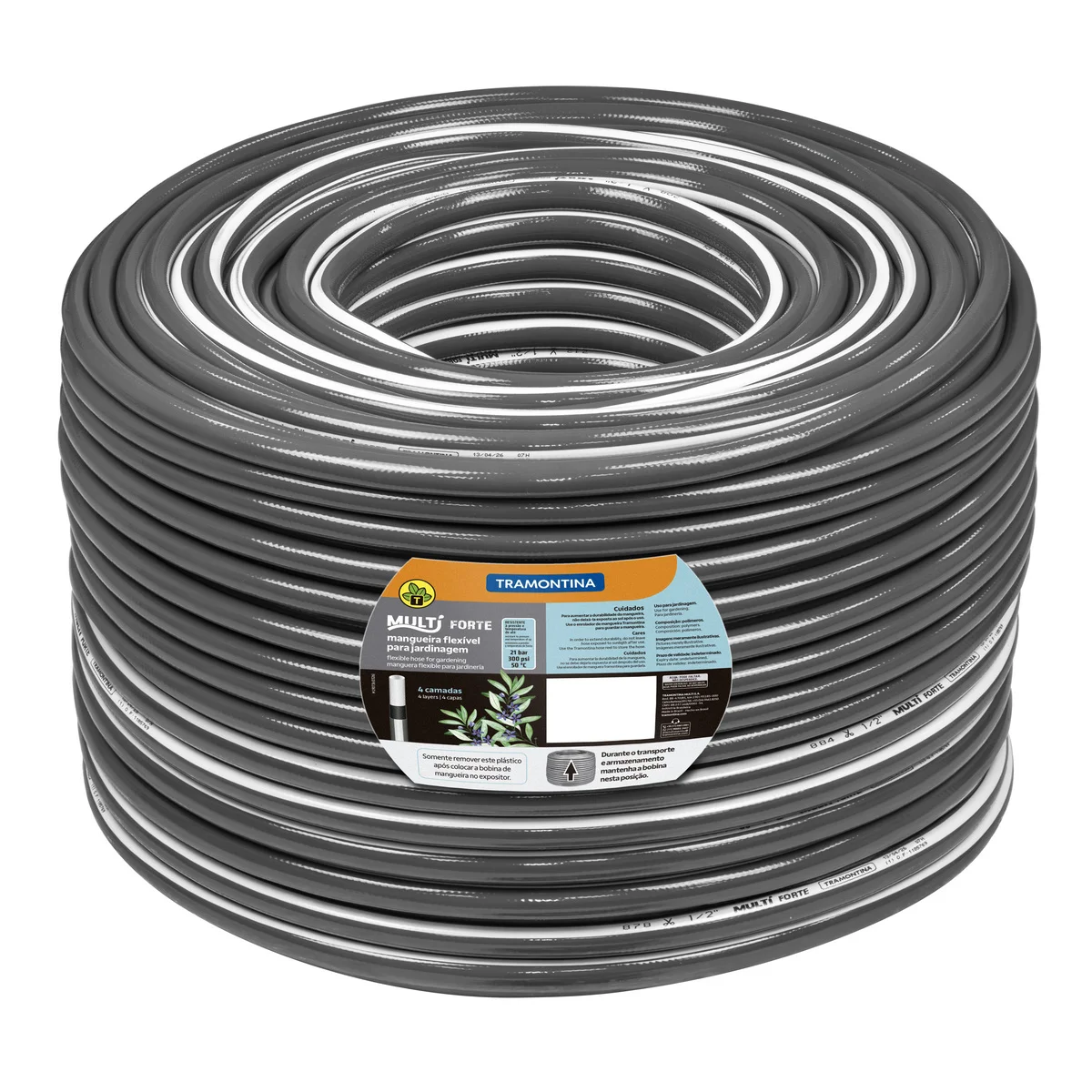 Mangueira Multi Forte 1/2" para Jardim Tramontina Cinza com Faixa Branca em PVC 4 Camadas 200 m