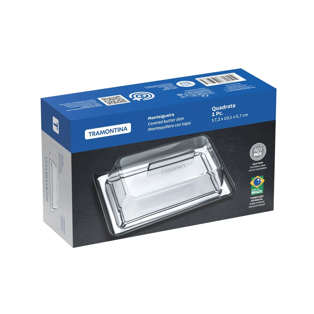 Manteigueira Tramontina Quadrata Retangular em Aço Inox com Tampa Transparente
