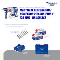 Martelete Perfurador/Rompedor 20V SDS-Plus 1" (26 mm) Brushless Tramontina by Total - Com 2 Baterias 20V de 4,0Ah, Carregador e Maleta