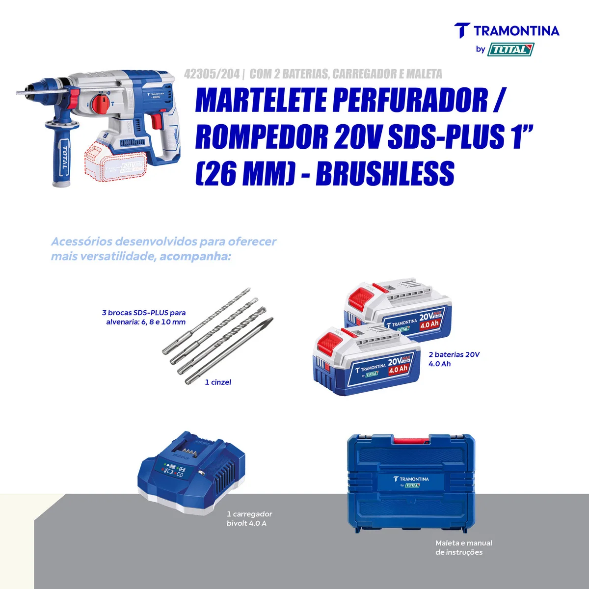 Martelete Perfurador/Rompedor 20V SDS-Plus 1" (26 mm) Brushless Tramontina by Total - Com 2 Baterias 20V de 4,0Ah, Carregador e Maleta
