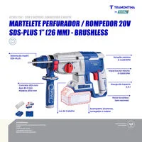 Martelete Perfurador/Rompedor 20V SDS-Plus 1" (26 mm) Brushless Tramontina by Total - Com 2 Baterias 20V de 4,0Ah, Carregador e Maleta