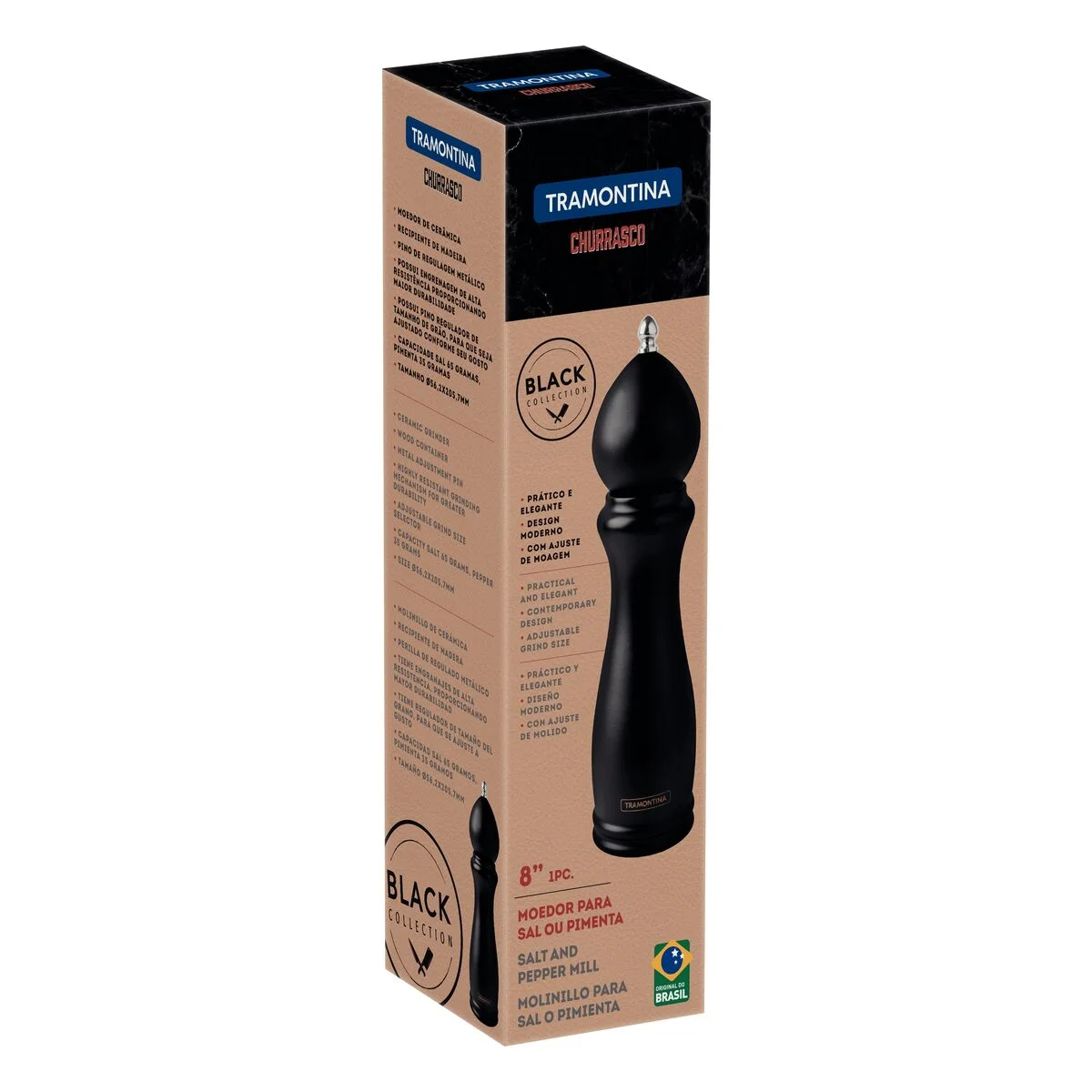 Moedor de Pimenta e Sal Tramontina Churrasco Black em Cerâmica com Recipiente de Madeira 8"