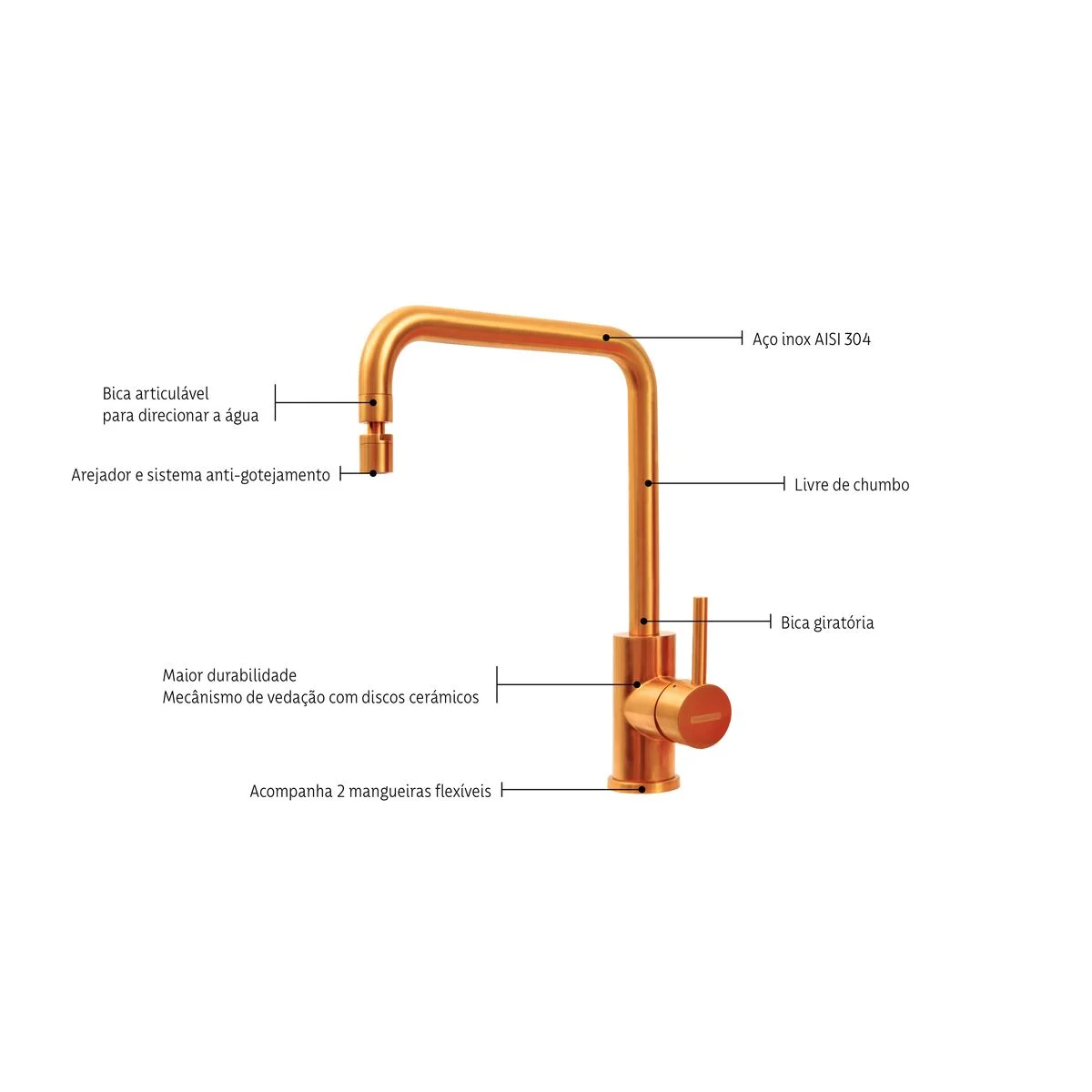 Monocomando Tramontina Angolare em Aço Inox Gold com Bica Articulada com revestimento PVD