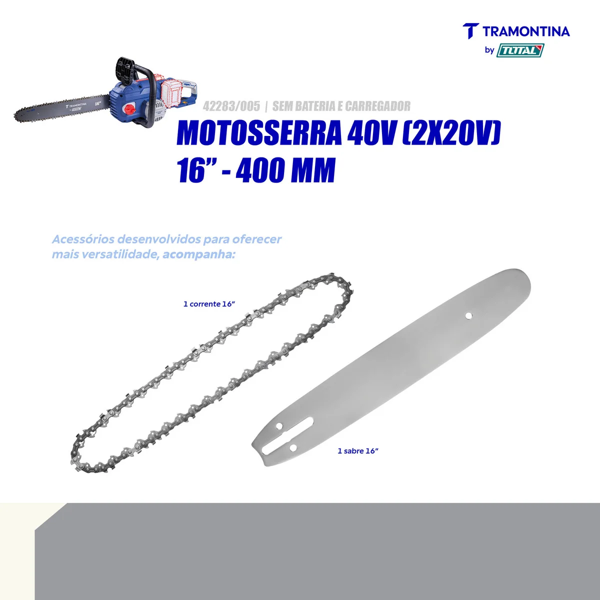 Motosserra 16" (40 cm) 40V (2x20V) Brushless Tramontina by Total - Sem Bateria e Carregador
