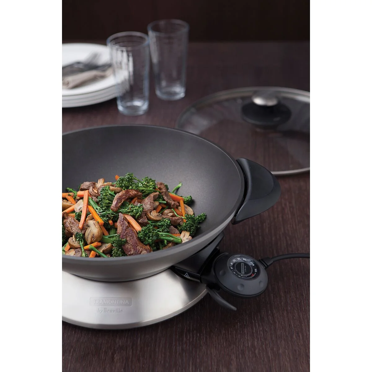Panela Elétrica Tramontina by Breville Wok Chef em Alumínio Fundido com Tampa de Vidro 6 L 127 V