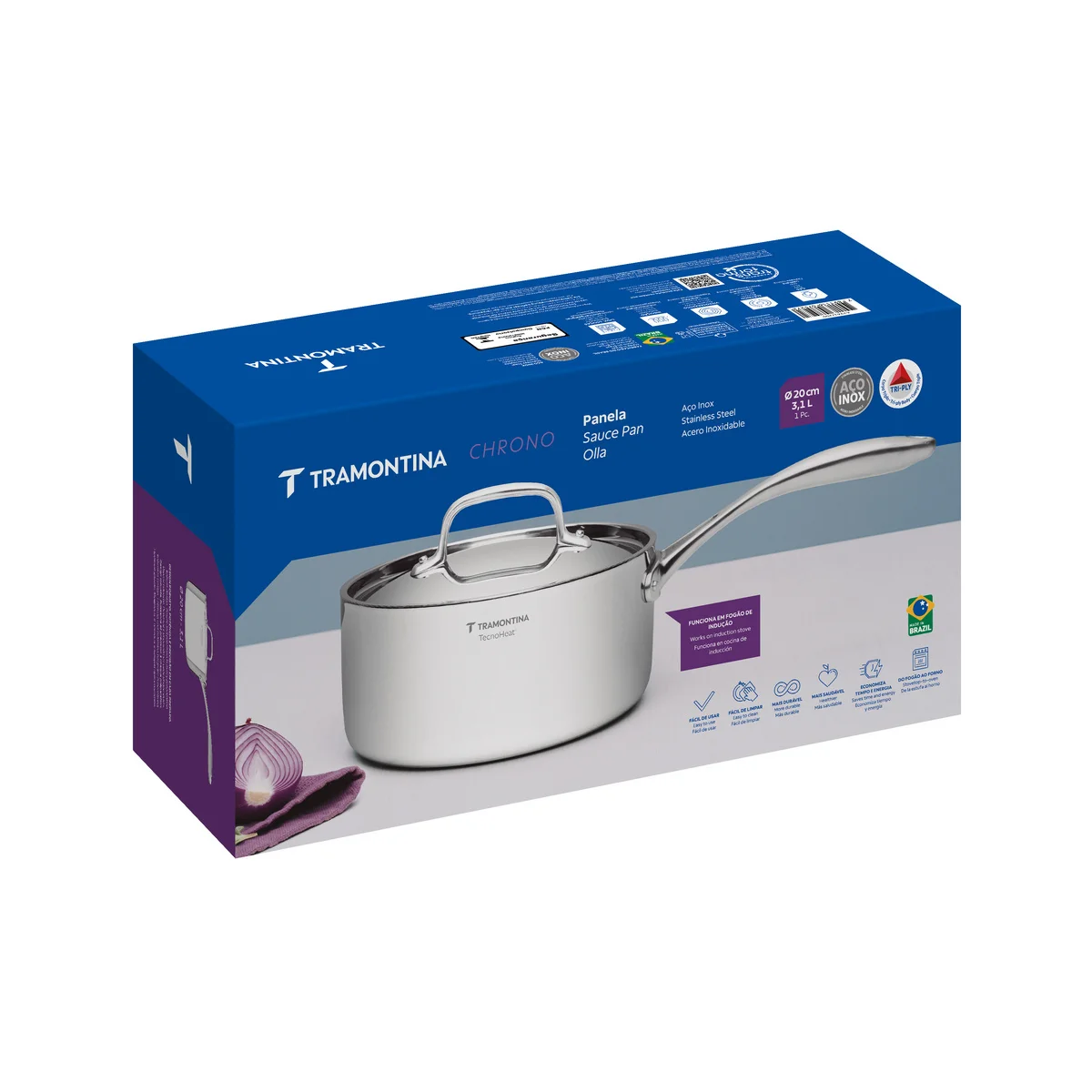 Panela Tramontina Chrono em Aço Inox Corpo Triplo com Tampa e Cabo 20 cm 3,1 L