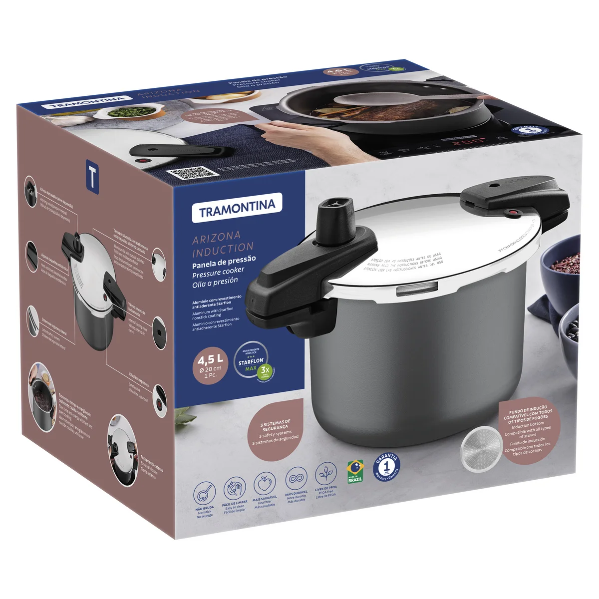 Panela de Pressão Tramontina Arizona Induction em Alumínio com Revestimento Interno e Externo em Antiaderente Starflon Max Titânio 20 cm 4,5 L