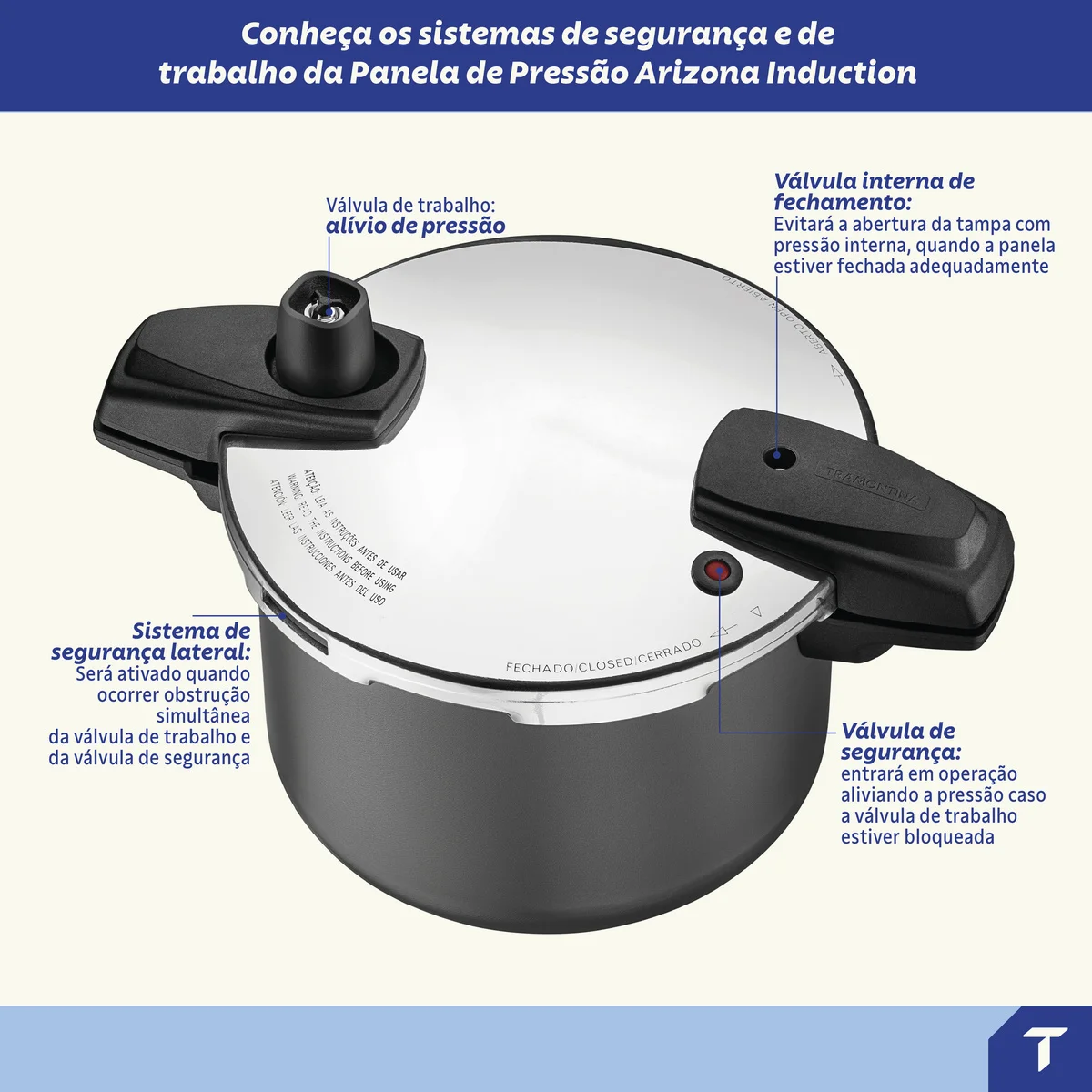 Panela de Pressão Tramontina Arizona Induction em Alumínio com Revestimento Interno e Externo em Antiaderente Starflon Max Titânio 20 cm 4,5 L