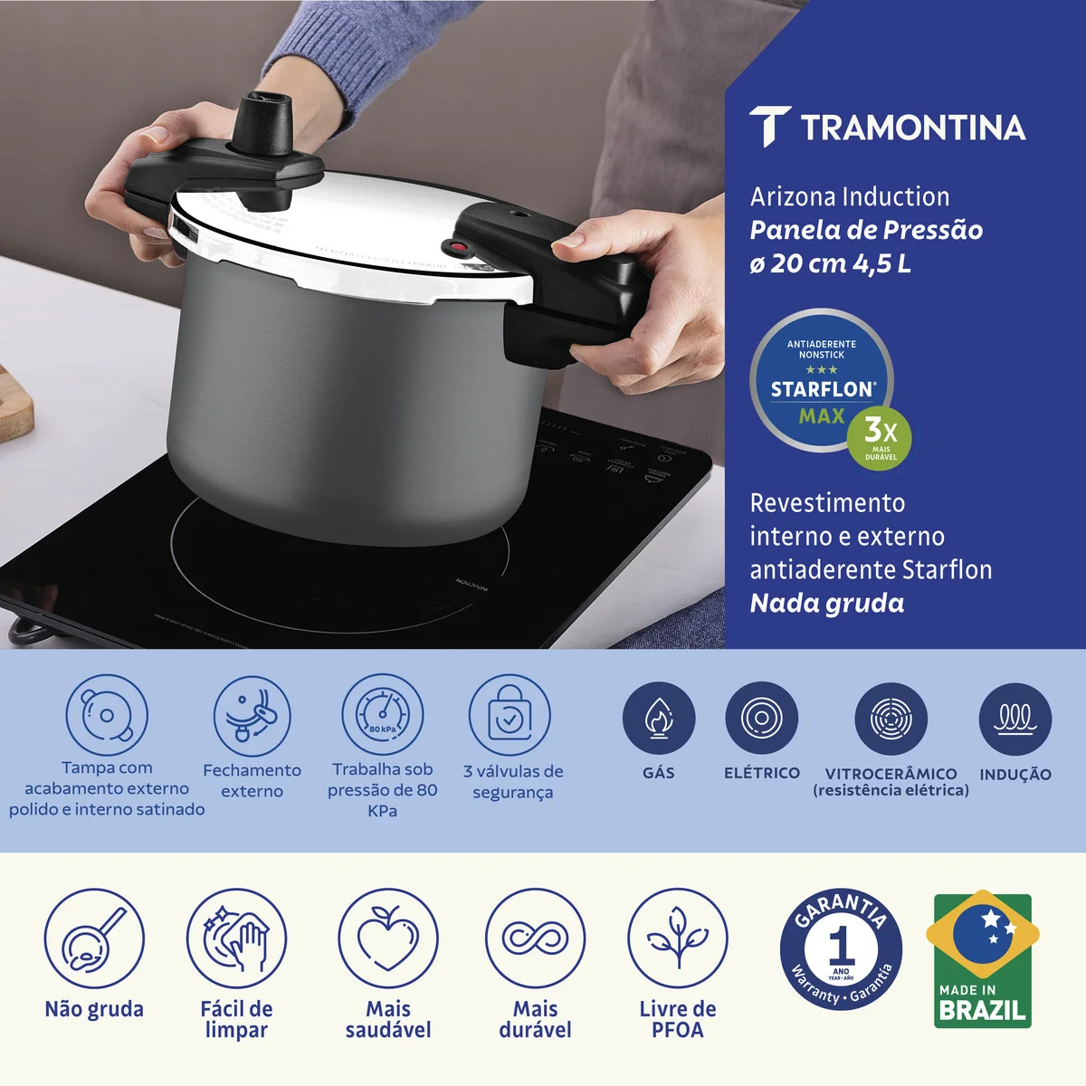 Panela de Pressão Tramontina Arizona Induction em Alumínio com Revestimento Interno e Externo em Antiaderente Starflon Max Titânio 20 cm 4,5 L