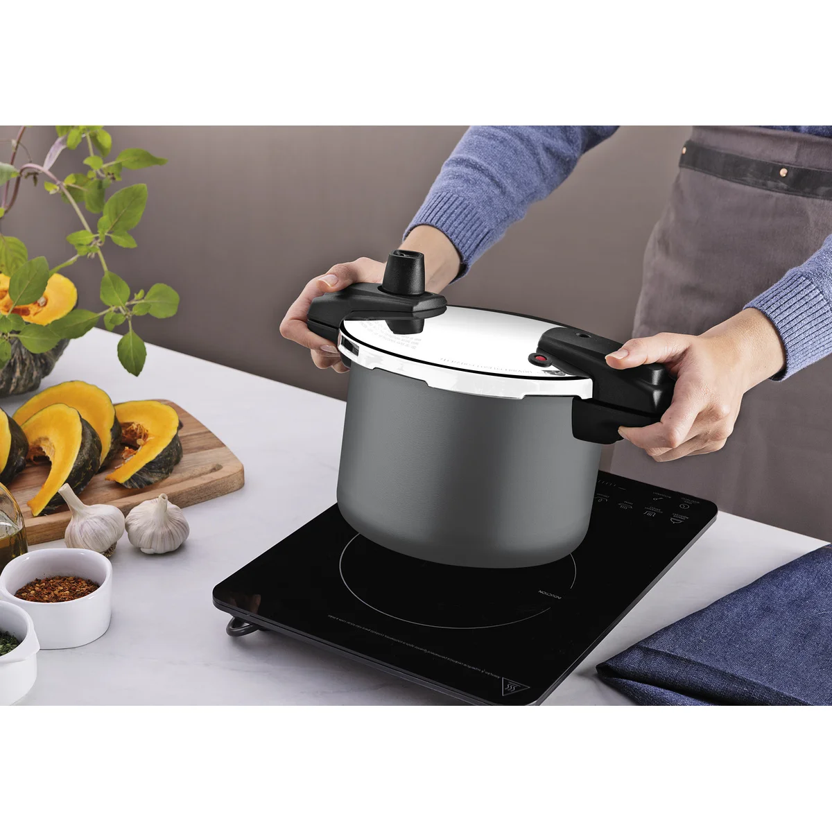 Panela de Pressão Tramontina Arizona Induction em Alumínio com Revestimento Interno e Externo em Antiaderente Starflon Max Titânio 20 cm 4,5 L