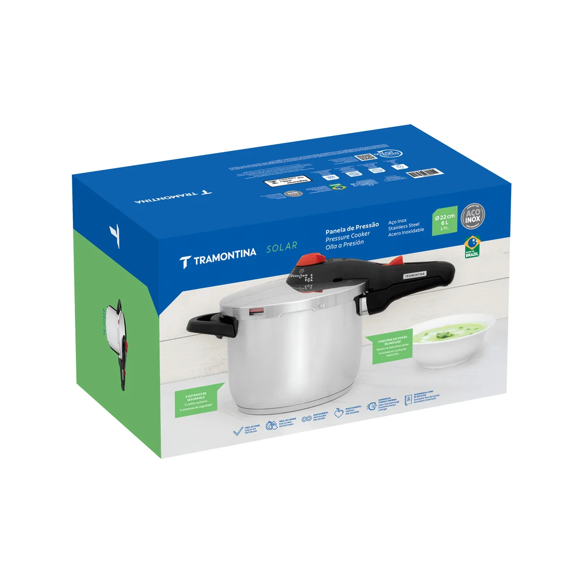 Panela de Pressão Tramontina Solar em Aço Inox Fundo Triplo com 5 Dispositivos de Segurança 22 cm 6 L