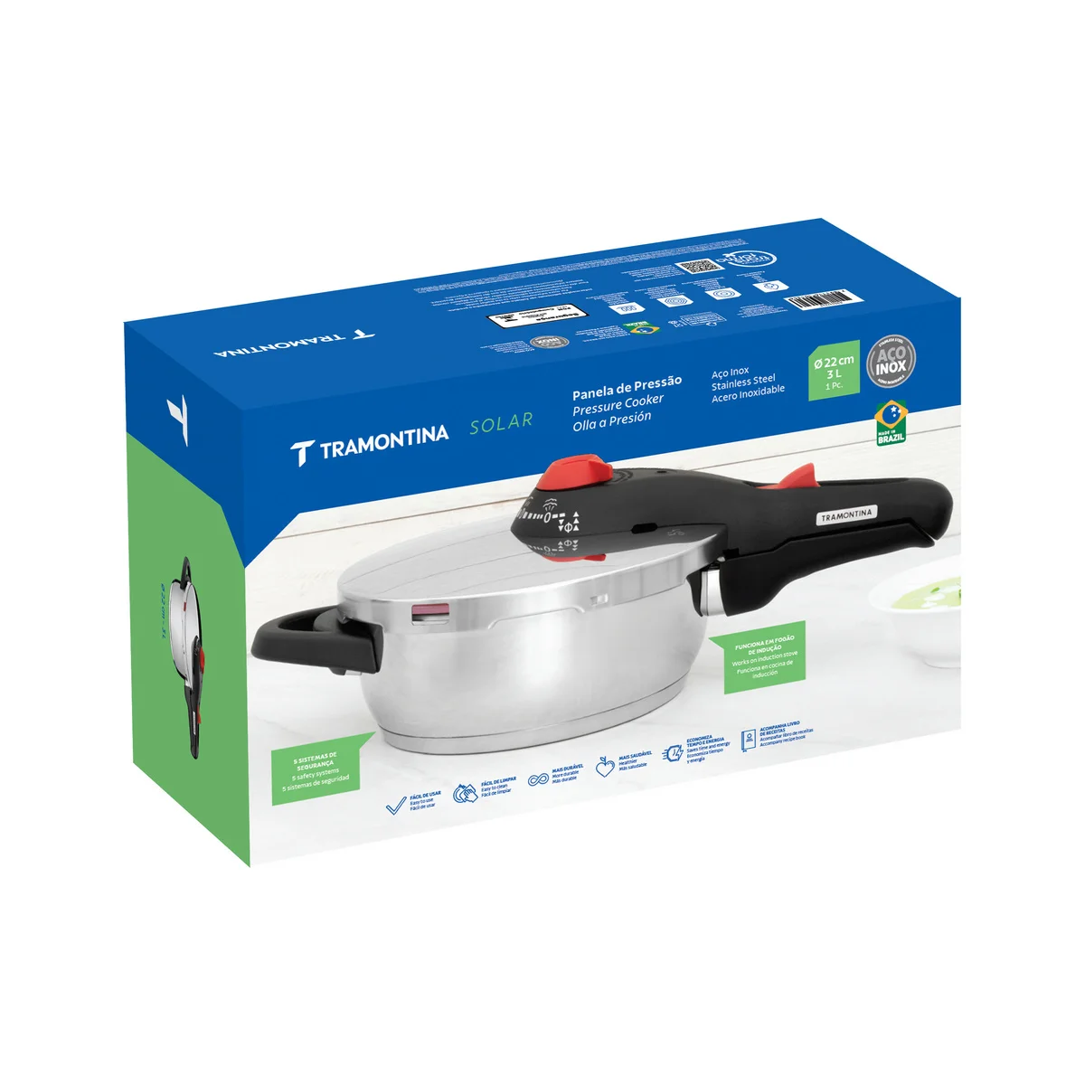 Panela de Pressão Tramontina Solar em Aço Inox Fundo Triplo com 5 Dispositivos de Segurança 22 cm 3 L