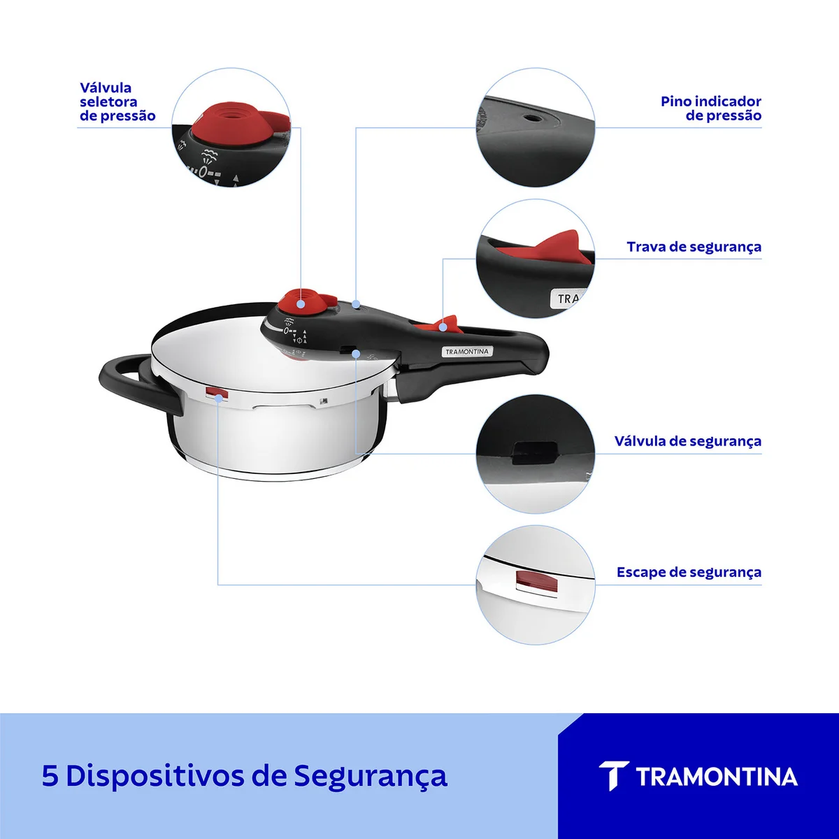 Panela de Pressão Tramontina Solar em Aço Inox Fundo Triplo com 5 Dispositivos de Segurança 22 cm 3 L