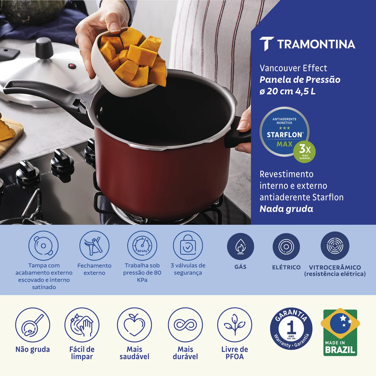 Panela de Pressão Tramontina Vancouver Effect em Alumínio com Revestimento Interno e Externo em Antiaderente Starflon Max Vermelho 20 cm 4,5 L