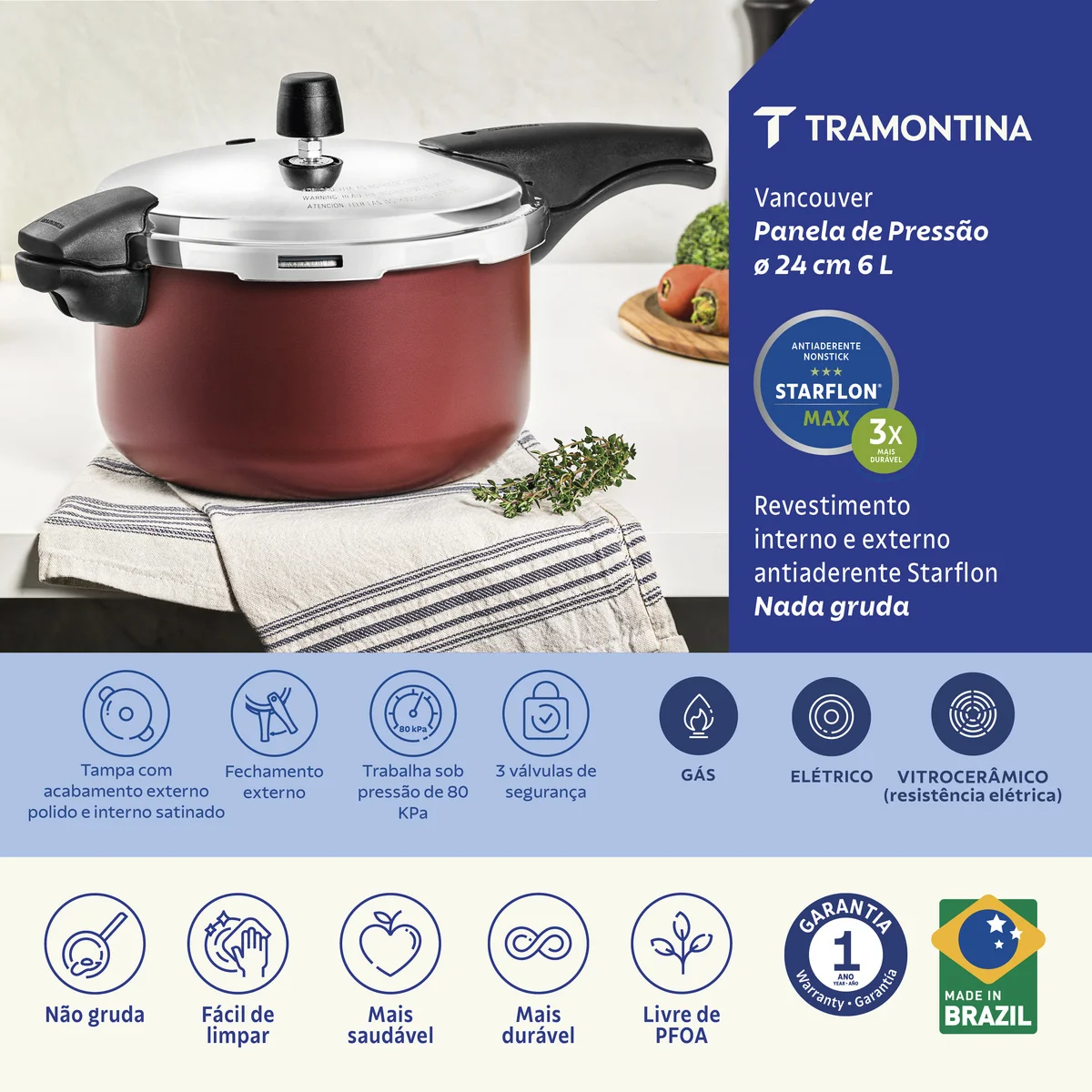 Panela de Pressão Tramontina Vancouver em Alumínio com Revestimento Interno e Externo Antiaderente Starflon Max Vermelho 24 cm 6 L