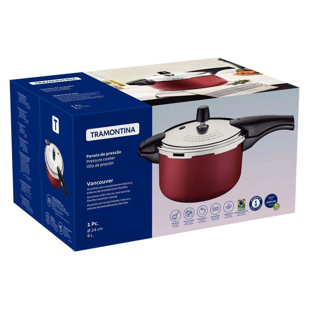Panela de Pressão Tramontina Vancouver em Alumínio com Revestimento Interno e Externo Antiaderente Starflon Max Vermelho 24 cm 6 L